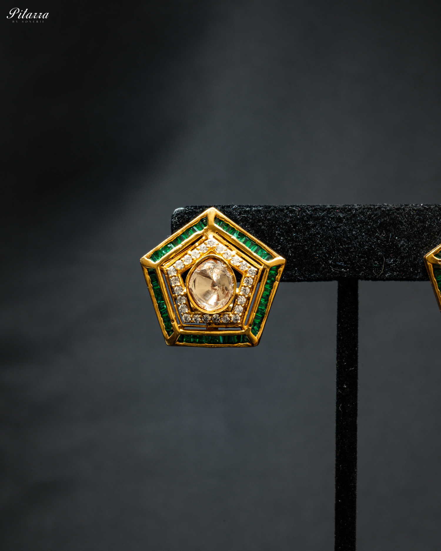 Green Layer Gold Polki Kundan Necklace Set_Zoom Earrings