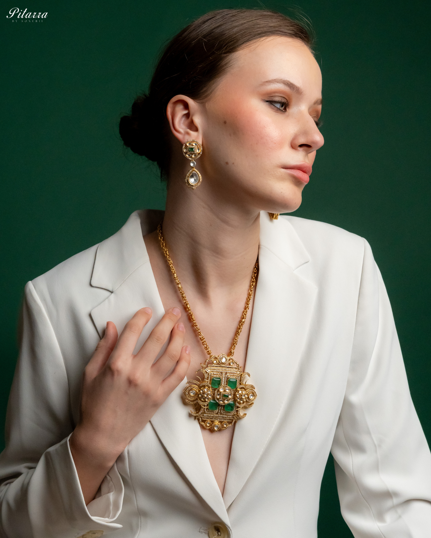 Green Moissanite Stone Long Necklace Set_Side Angle