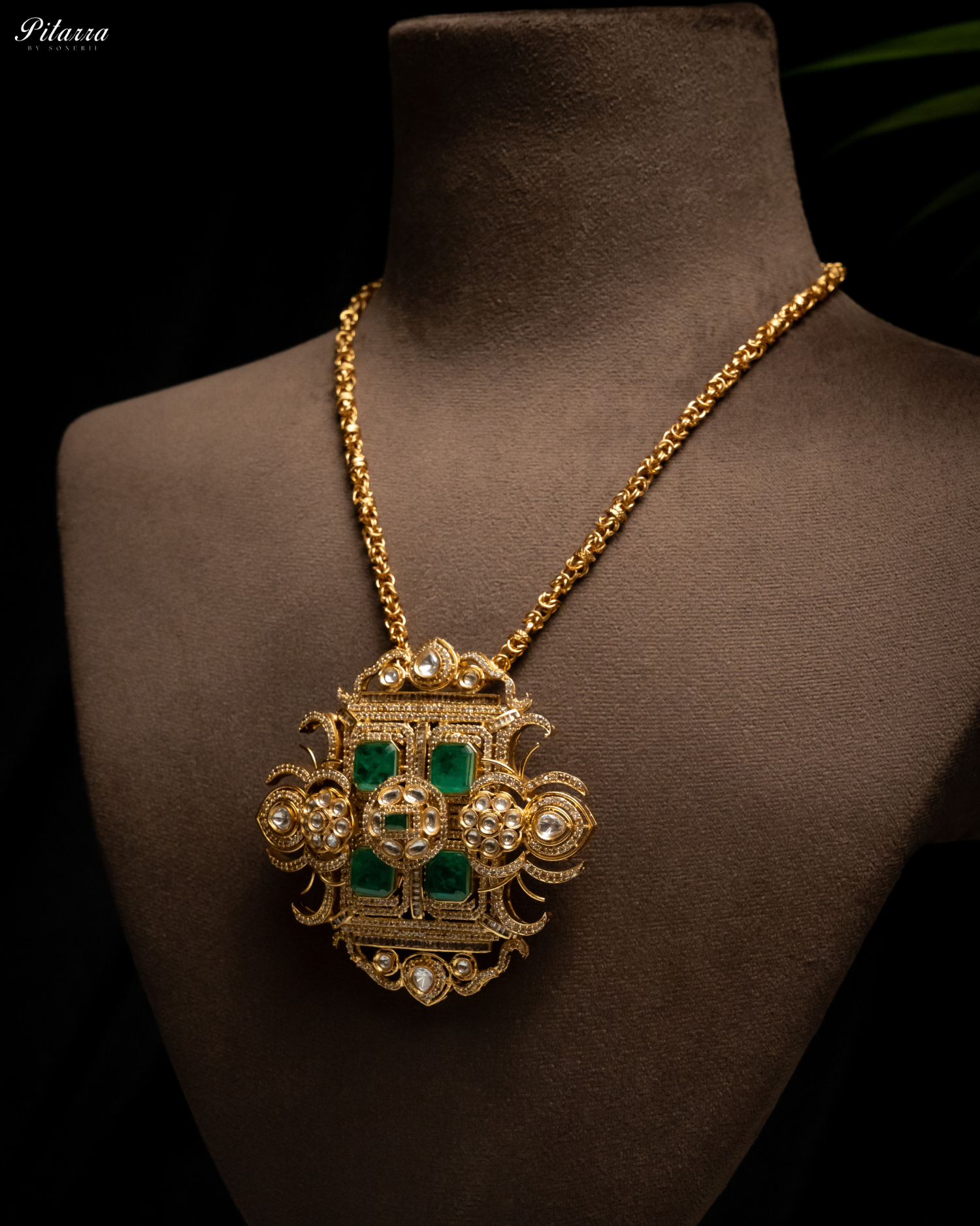 Green Moissanite Stone Long Necklace Set_Side Necklace