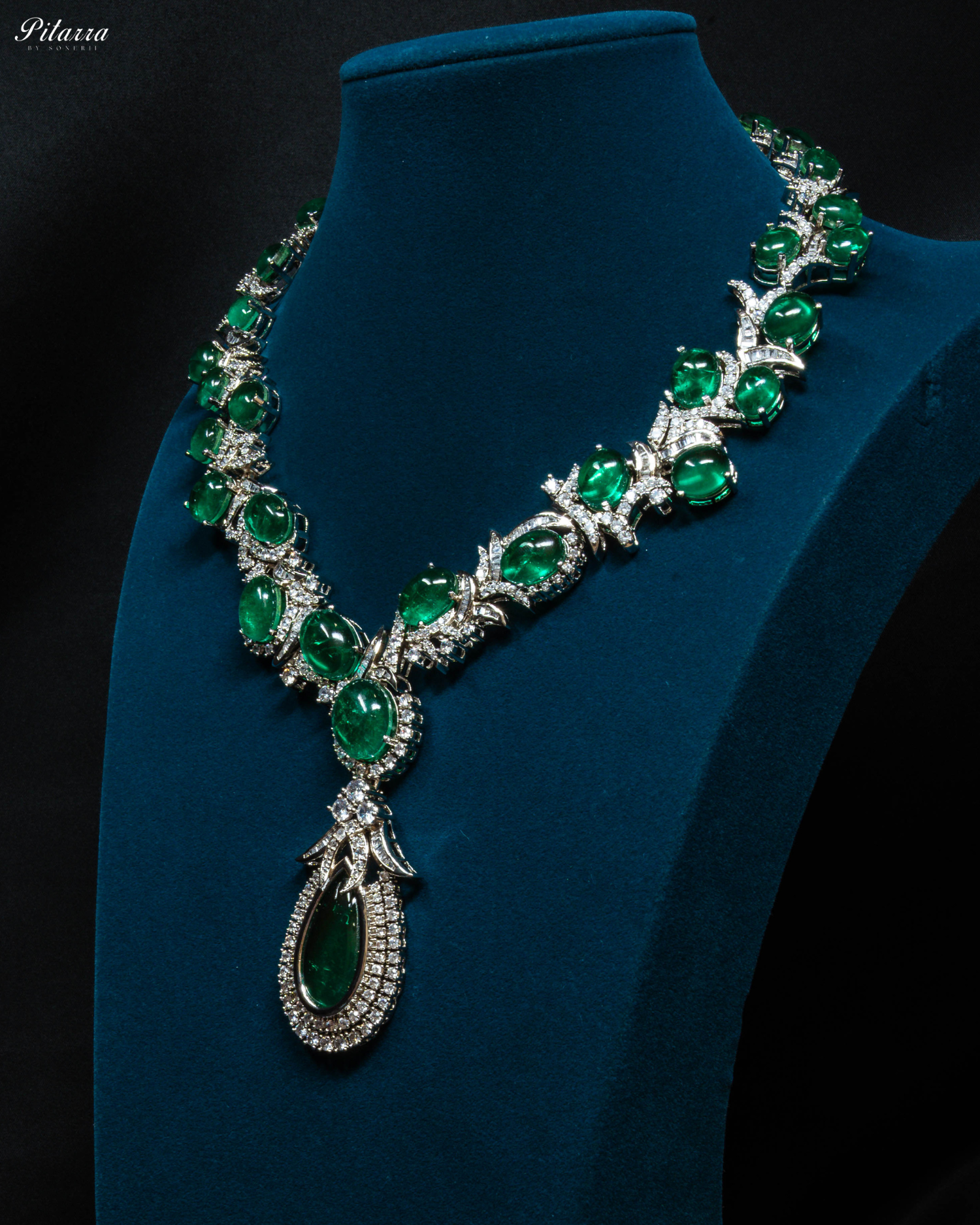 Green Statement Silver CZ Necklace Set_Side Angle