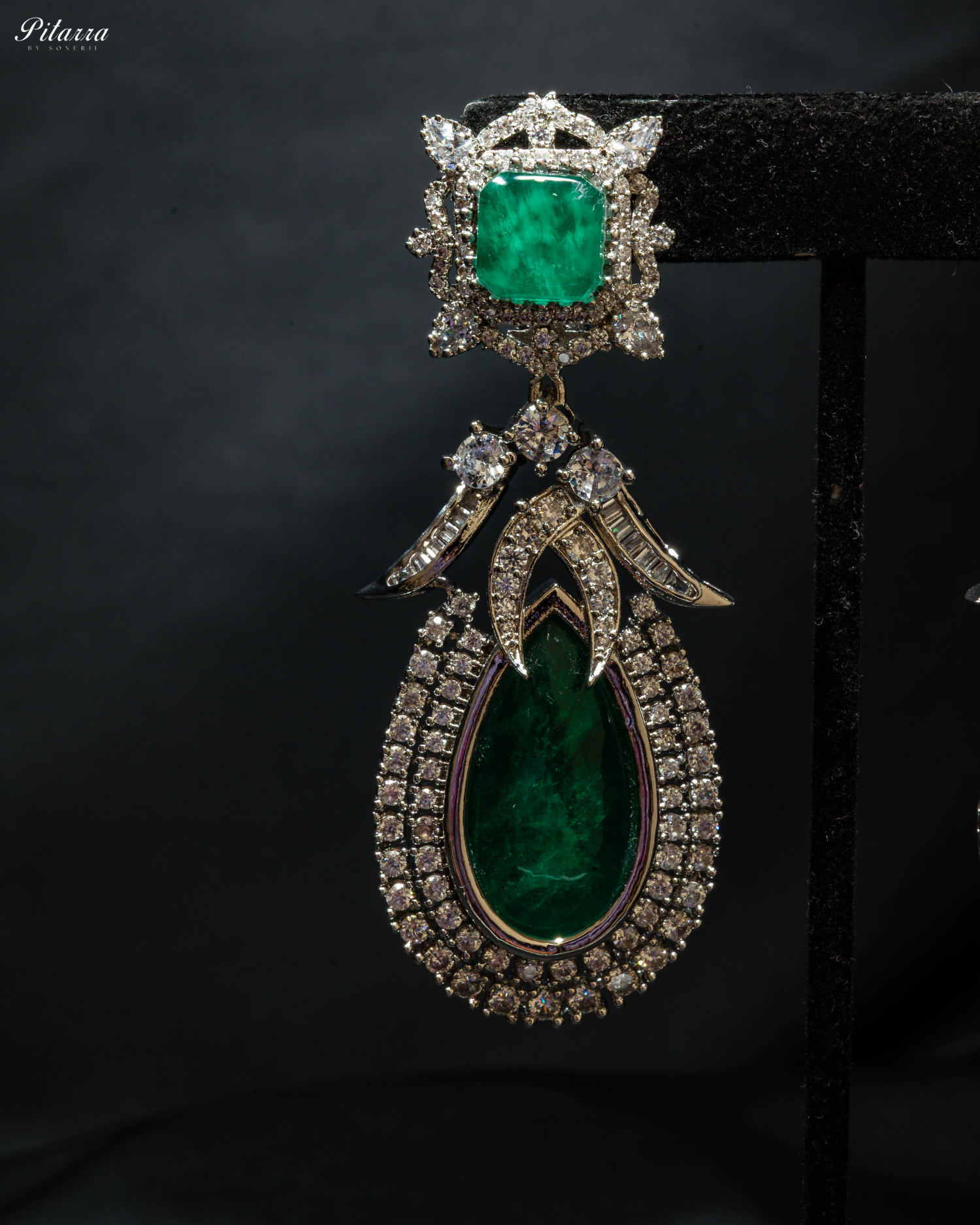 Green Statement Silver CZ Necklace Set_Zoom Earrings