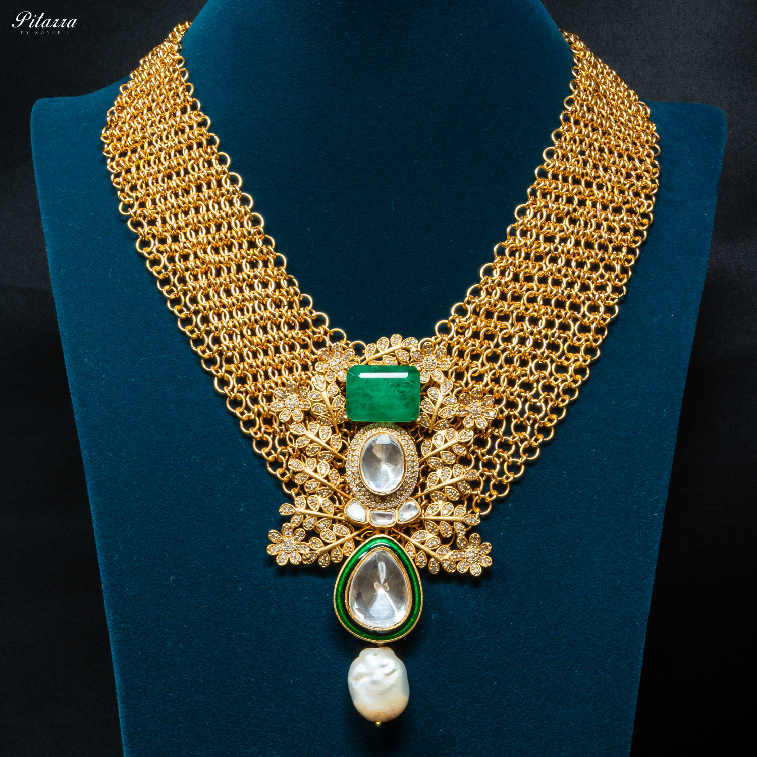 Green Stone Antique Gold Rajwadi Haar Set_Front Image