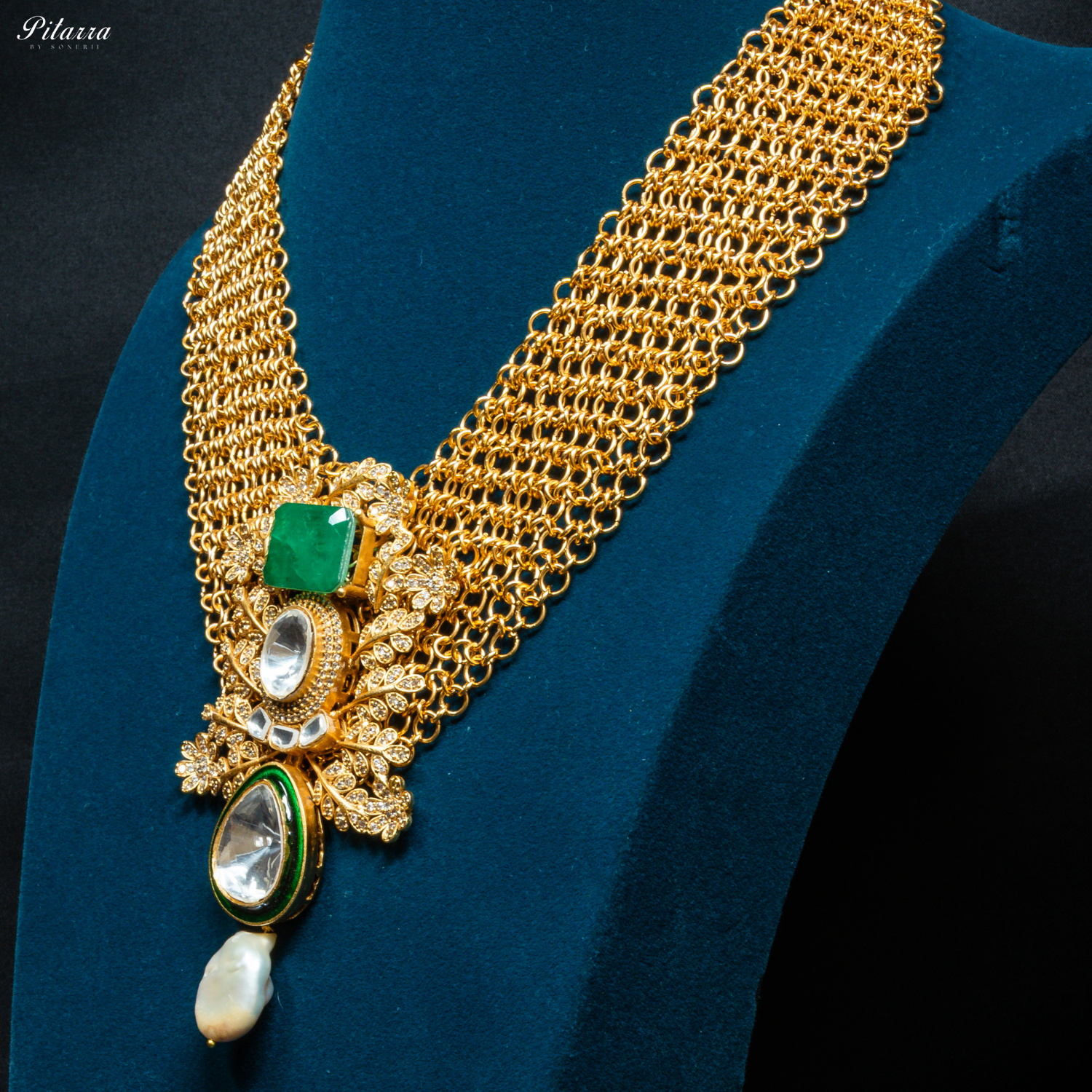 Green Stone Antique Gold Rajwadi Haar Set_Side Angle