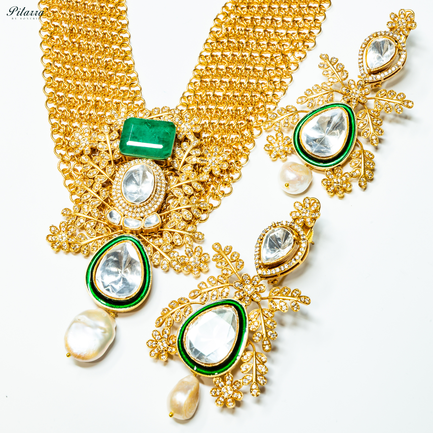 Green Stone Antique Gold Rajwadi Haar Set_White Background