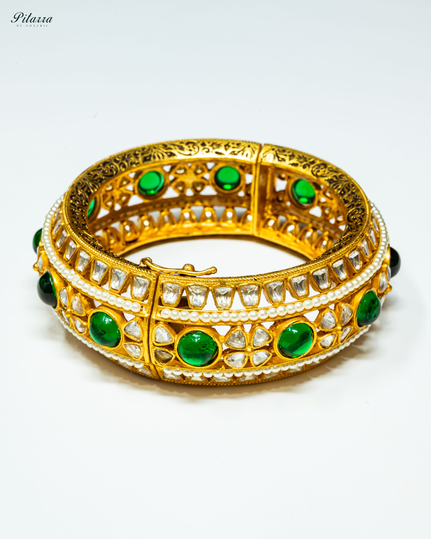 Green Stone Golden Moissanite Polki Kada_Front Image
