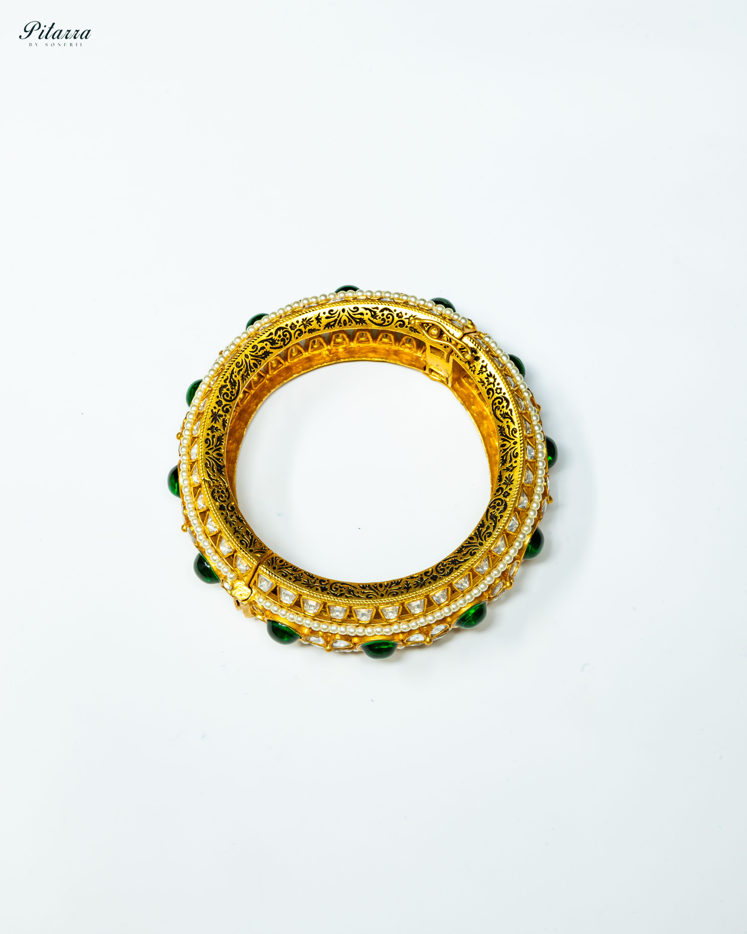 Green Stone Golden Moissanite Polki Kada_Side Angle