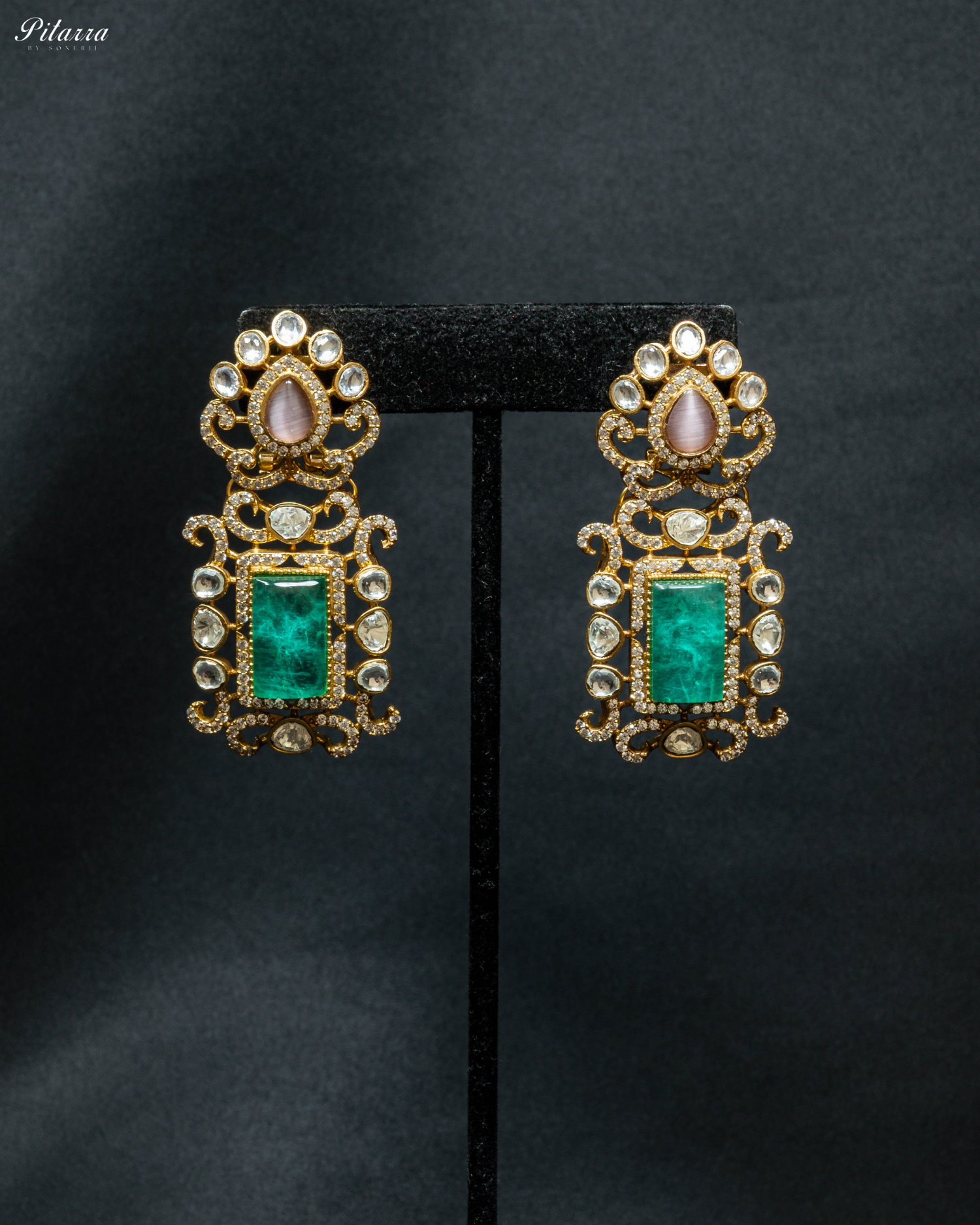 Green Stone Pink Beads Polki Kundan Necklace Set_Earrings
