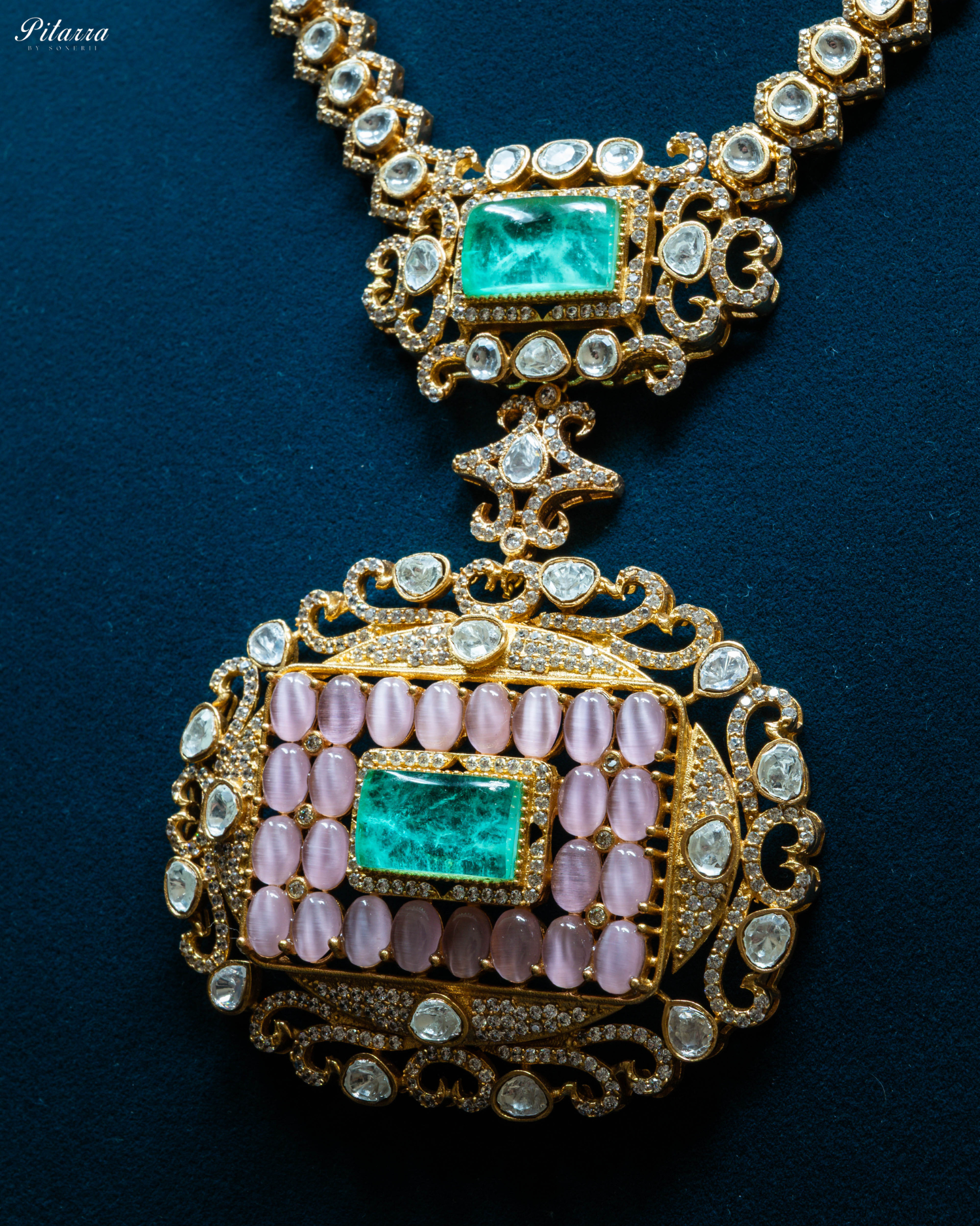 Green Stone Pink Beads Polki Kundan Necklace Set_Zoom Angle