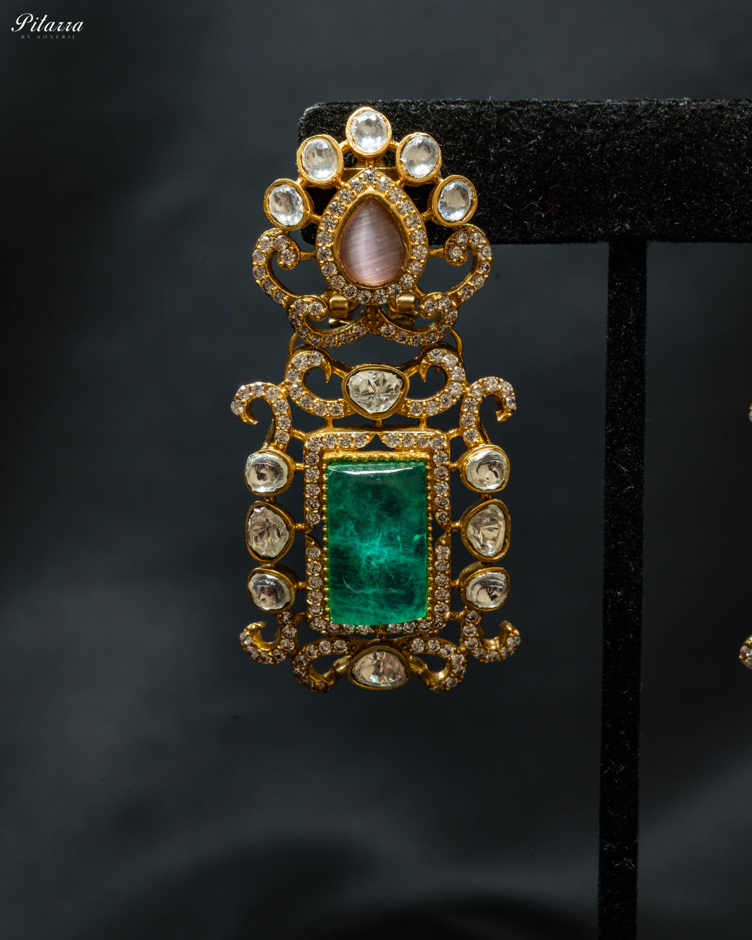 Green Stone Pink Beads Polki Kundan Necklace Set_Zoom Earrings