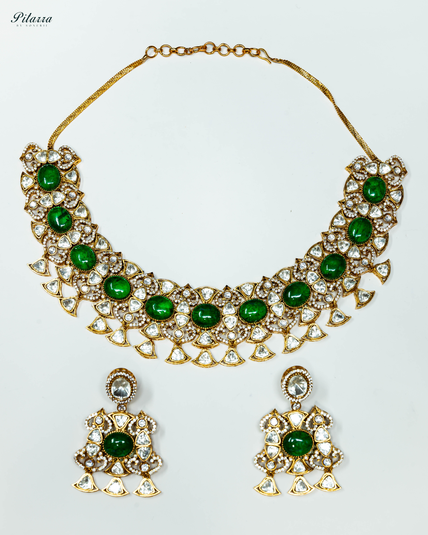 Green Stone Uncut Traditional Kundan Choker Set_White Background