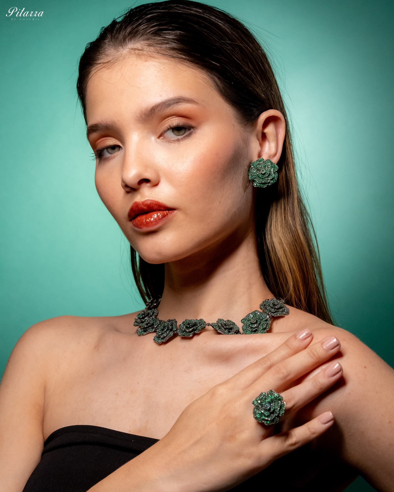 Green Tone Flower CZ Choker Set with Ring_Image