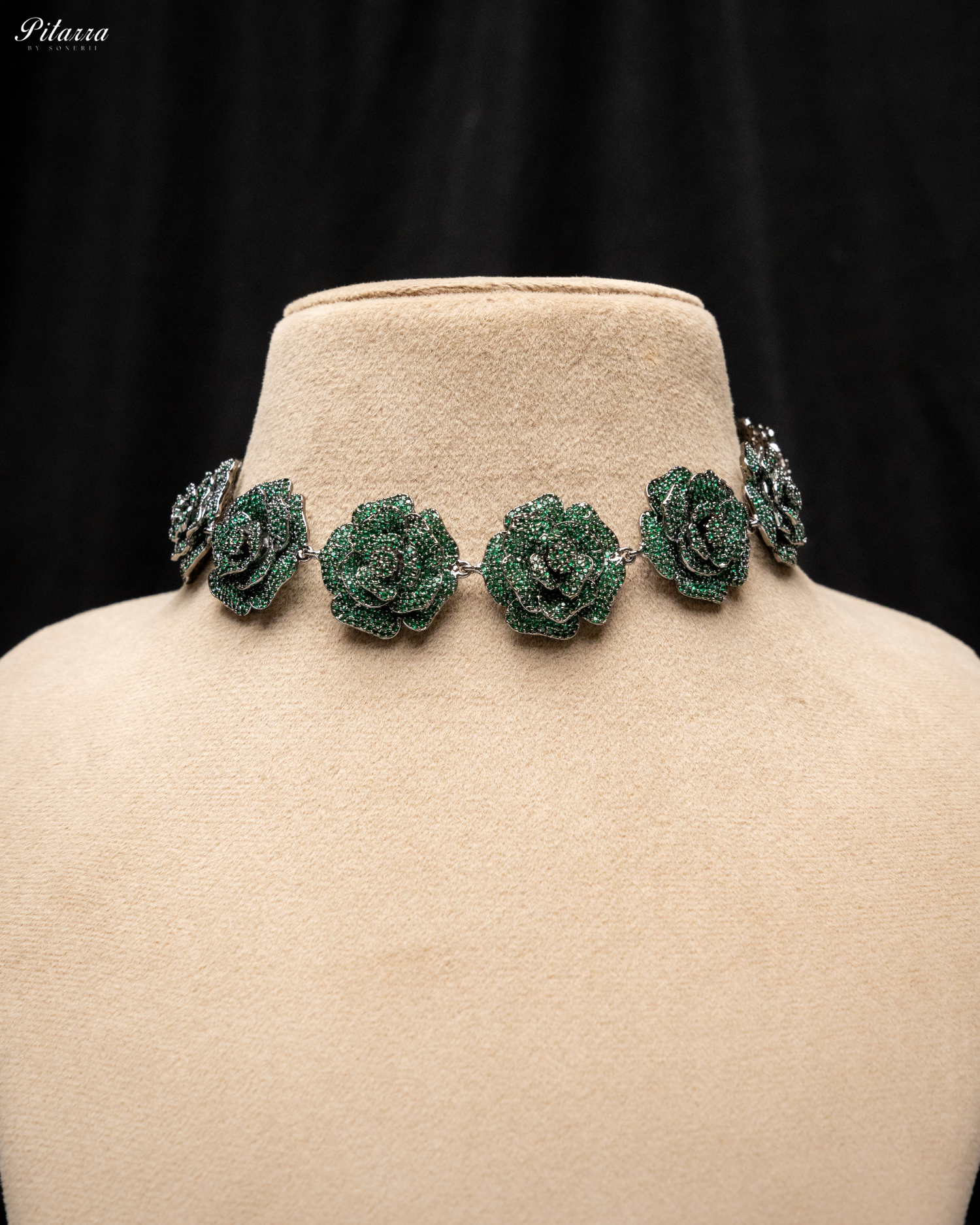 Green Tone Flower CZ Choker Set with Ring_Necklace