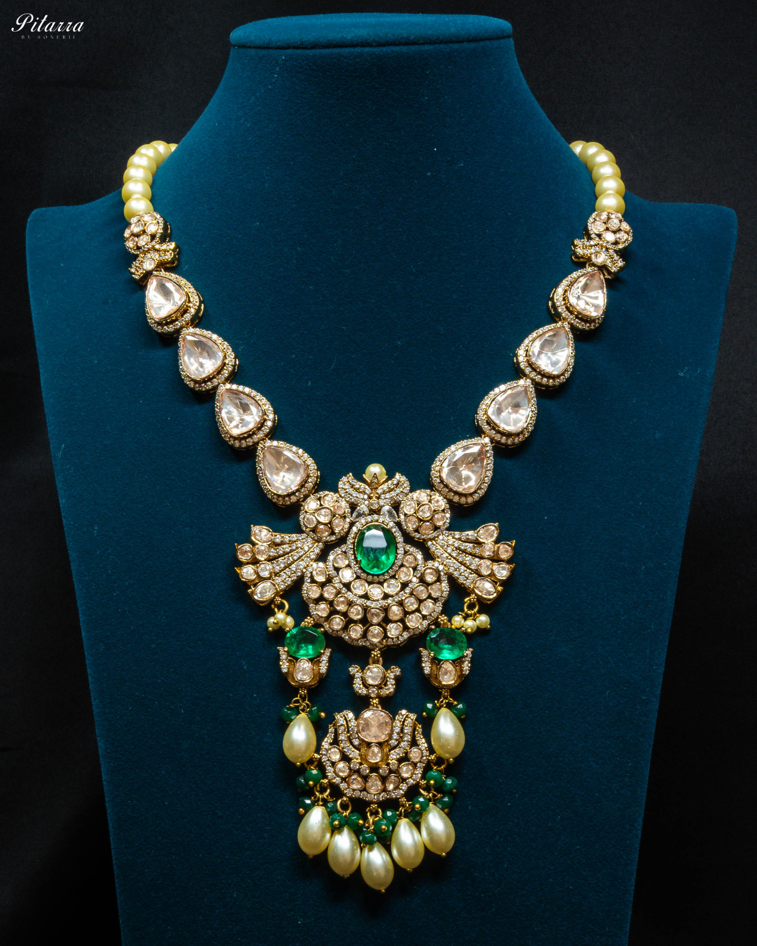Green Victorian AD Polki Traditional Kundan Necklace Set_Front Image