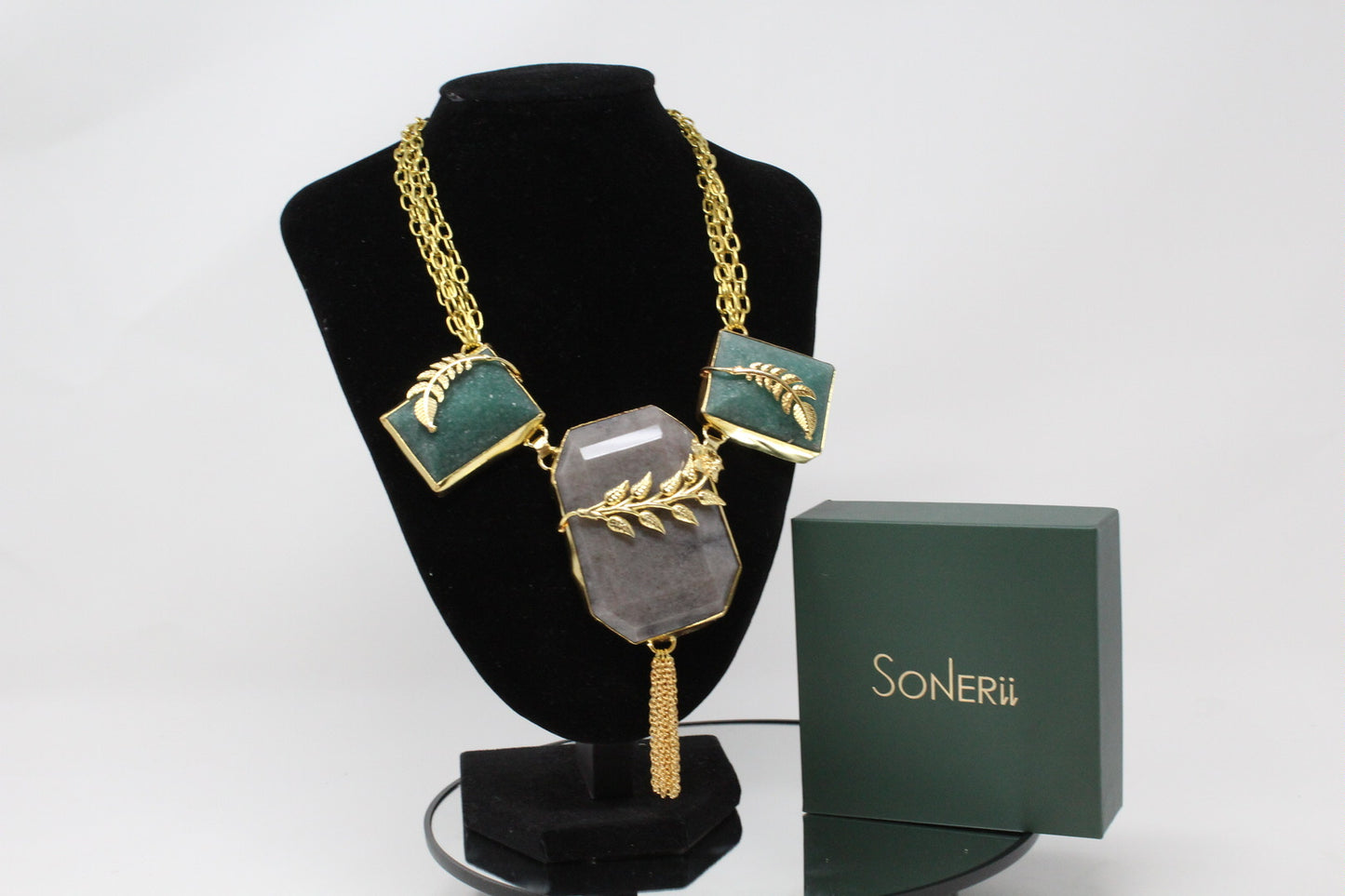 Gold Finish Green Brass Necklace with Tessal