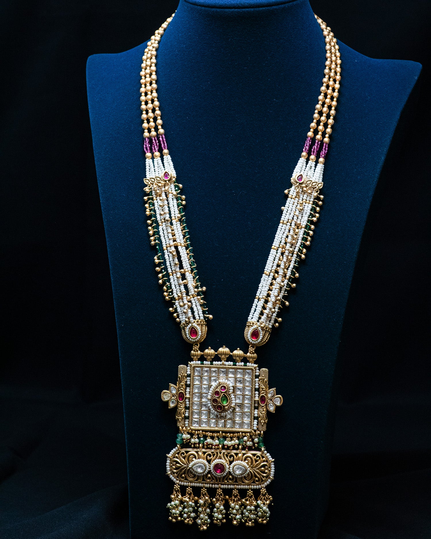 Golden Dual Stone Multi Strand Long Kundan Necklace Set