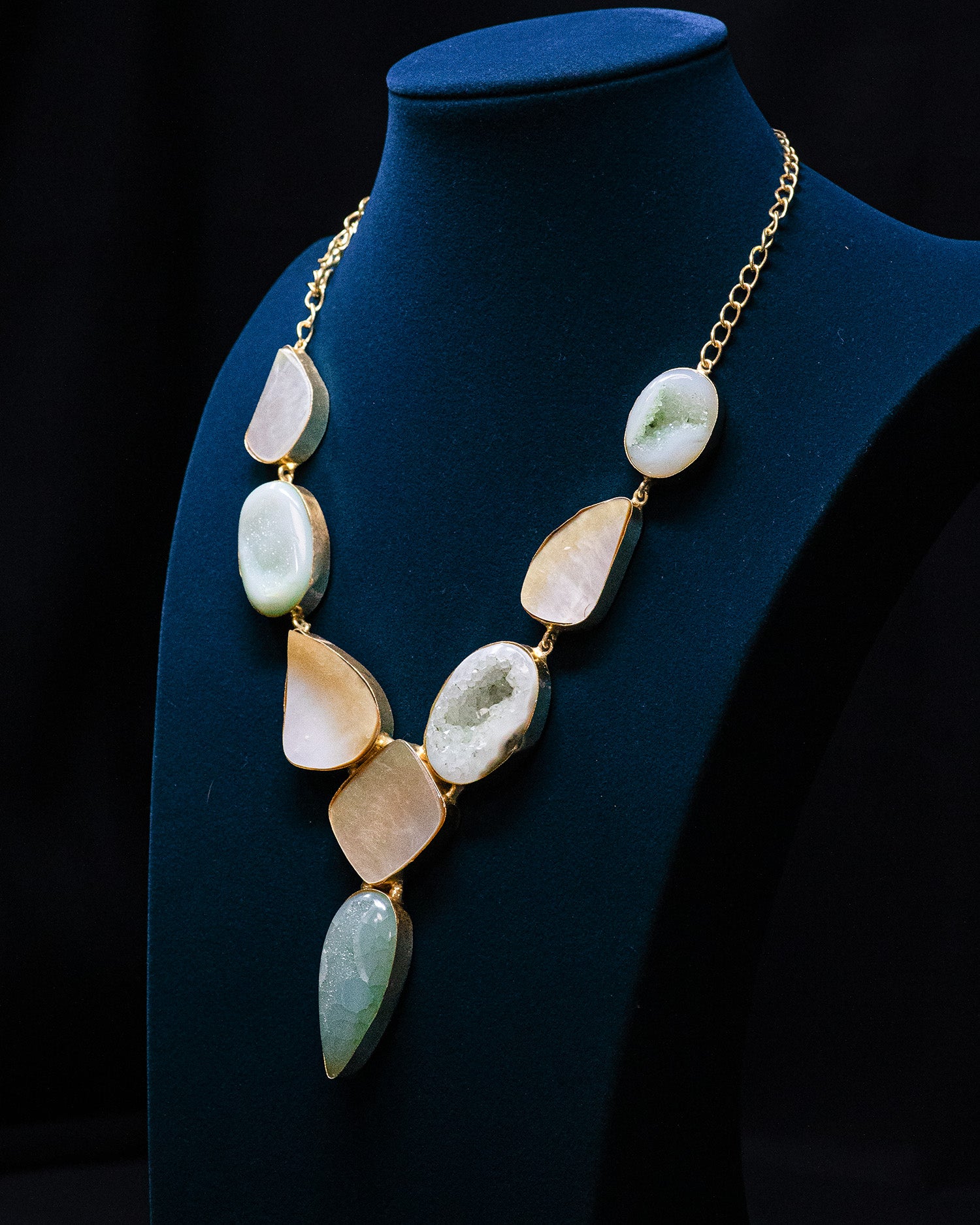 Green Drop Sculptural Stone Long Statement Necklace Set