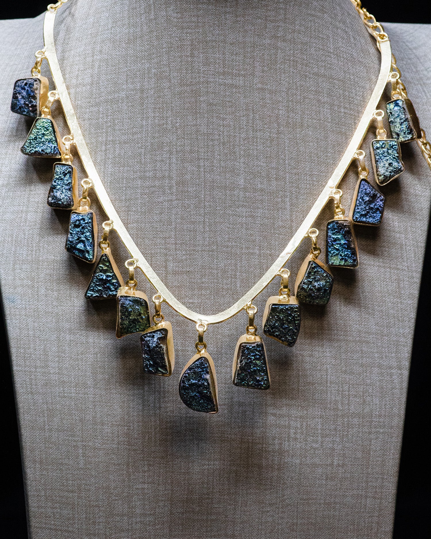Gold Finish Navy Blue Raw Stone Statement Necklace