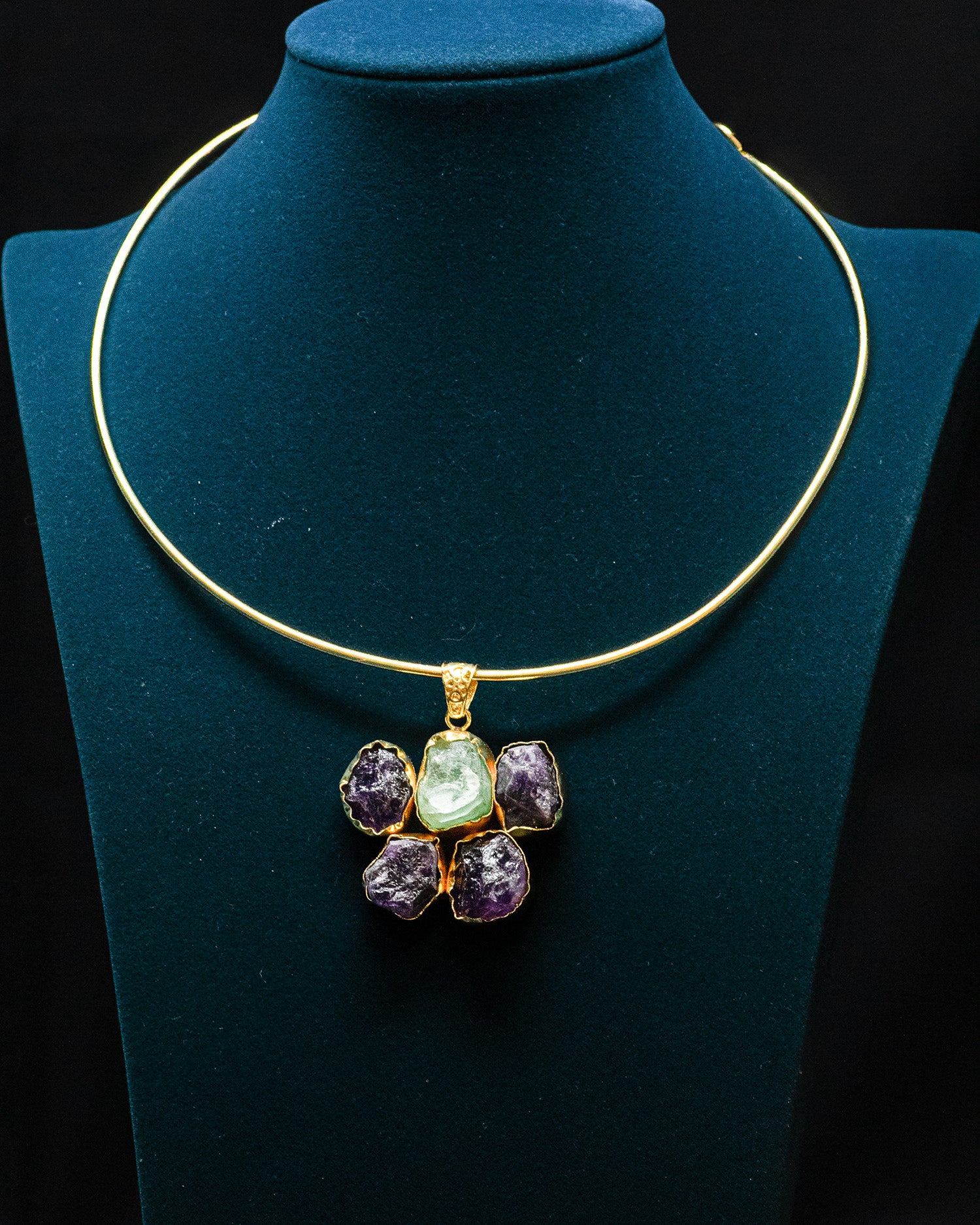 Gold Plated Aqua Raw Stone Collar Pendant Set