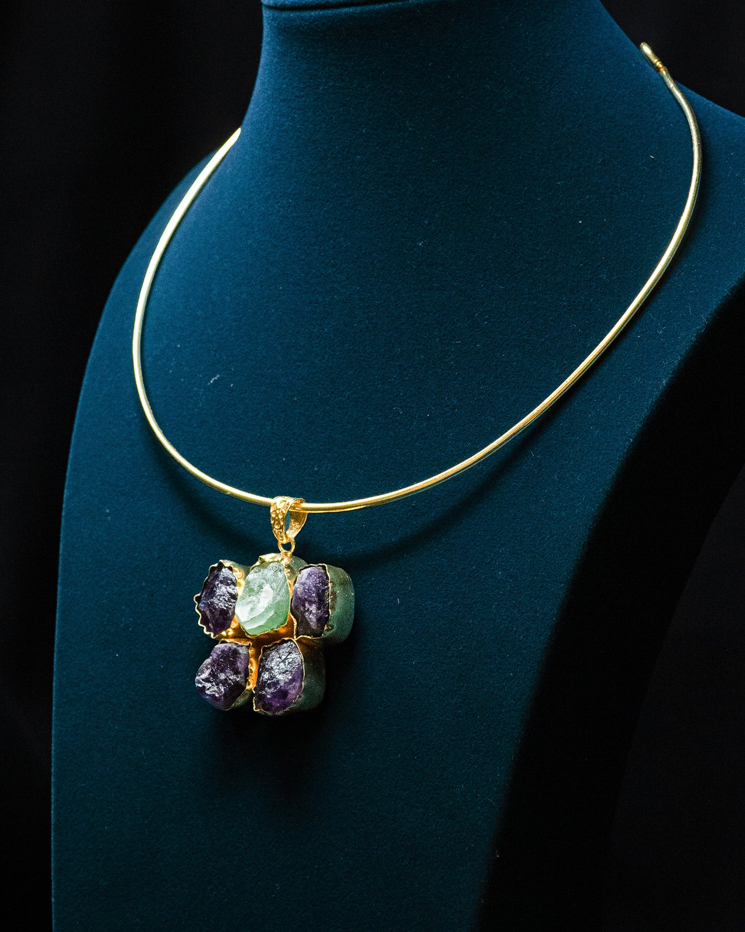 Gold Plated Aqua Raw Stone Collar Pendant Set