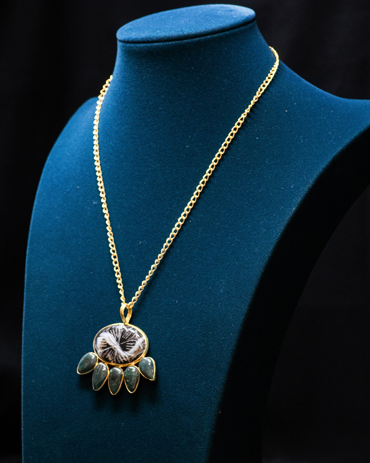 Flower Carved Grey Raw Stone Green Drop Pendant