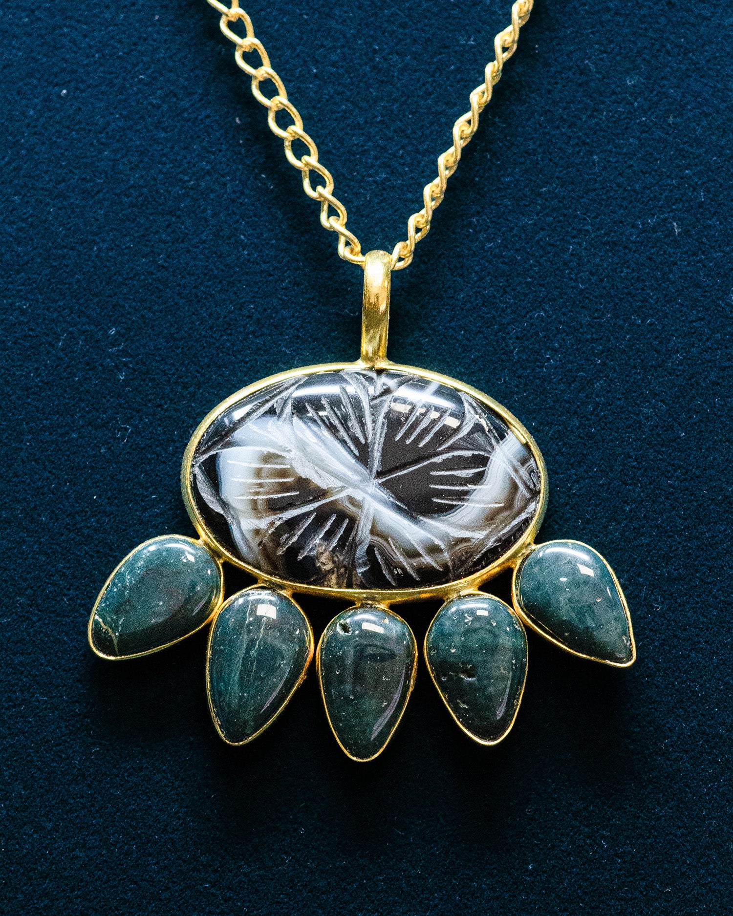 Flower Carved Grey Raw Stone Green Drop Pendant