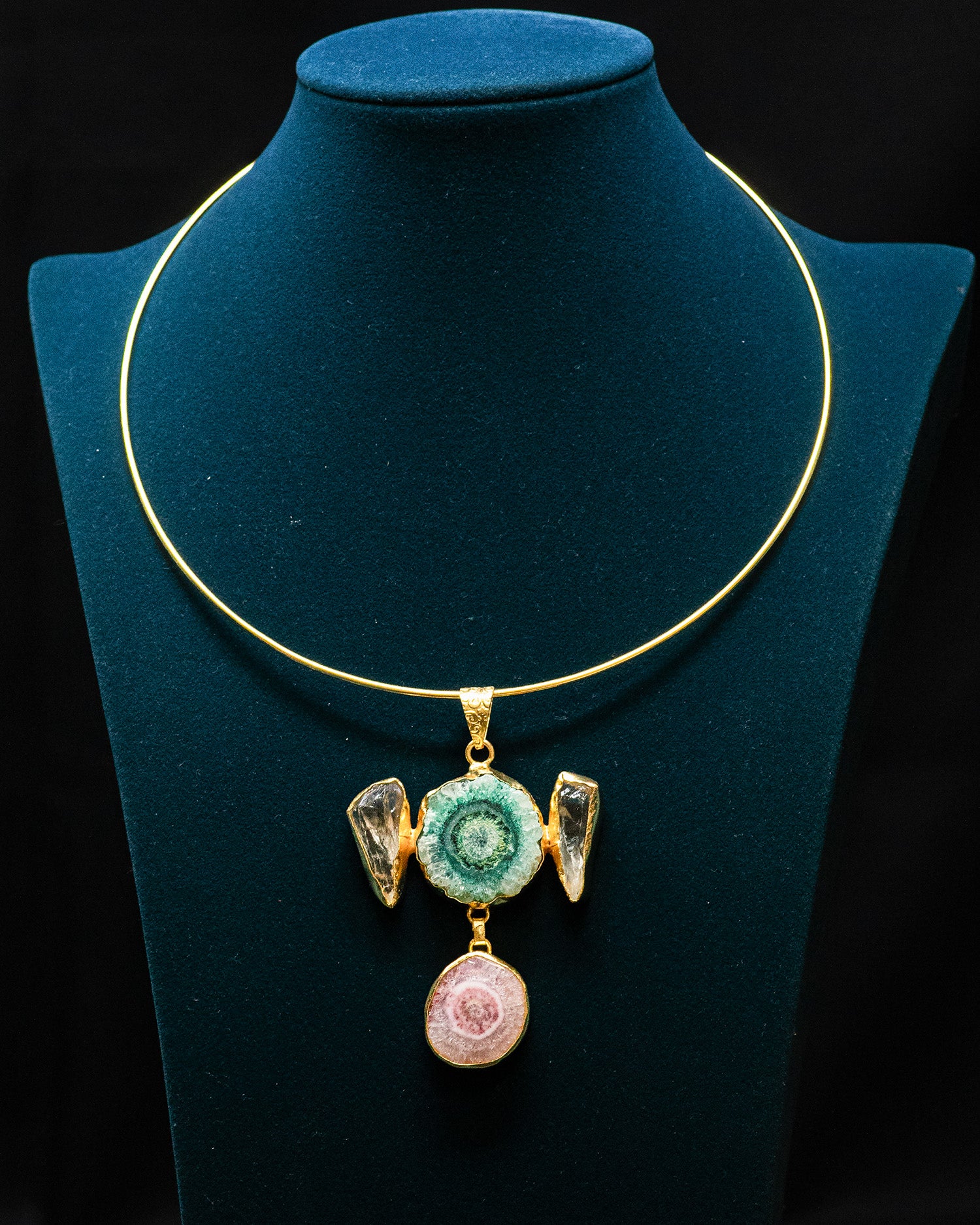 Gold Plated Blue and Purple Circular Raw Stone Pendant