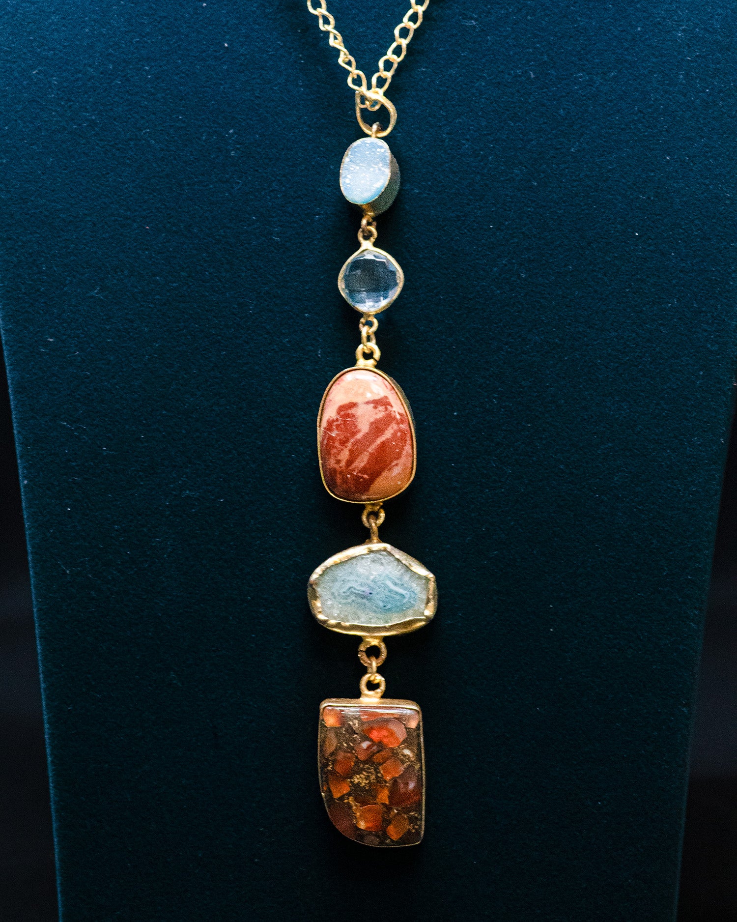 Red Blue Textured Circle Five Raw Stone Long Pendant