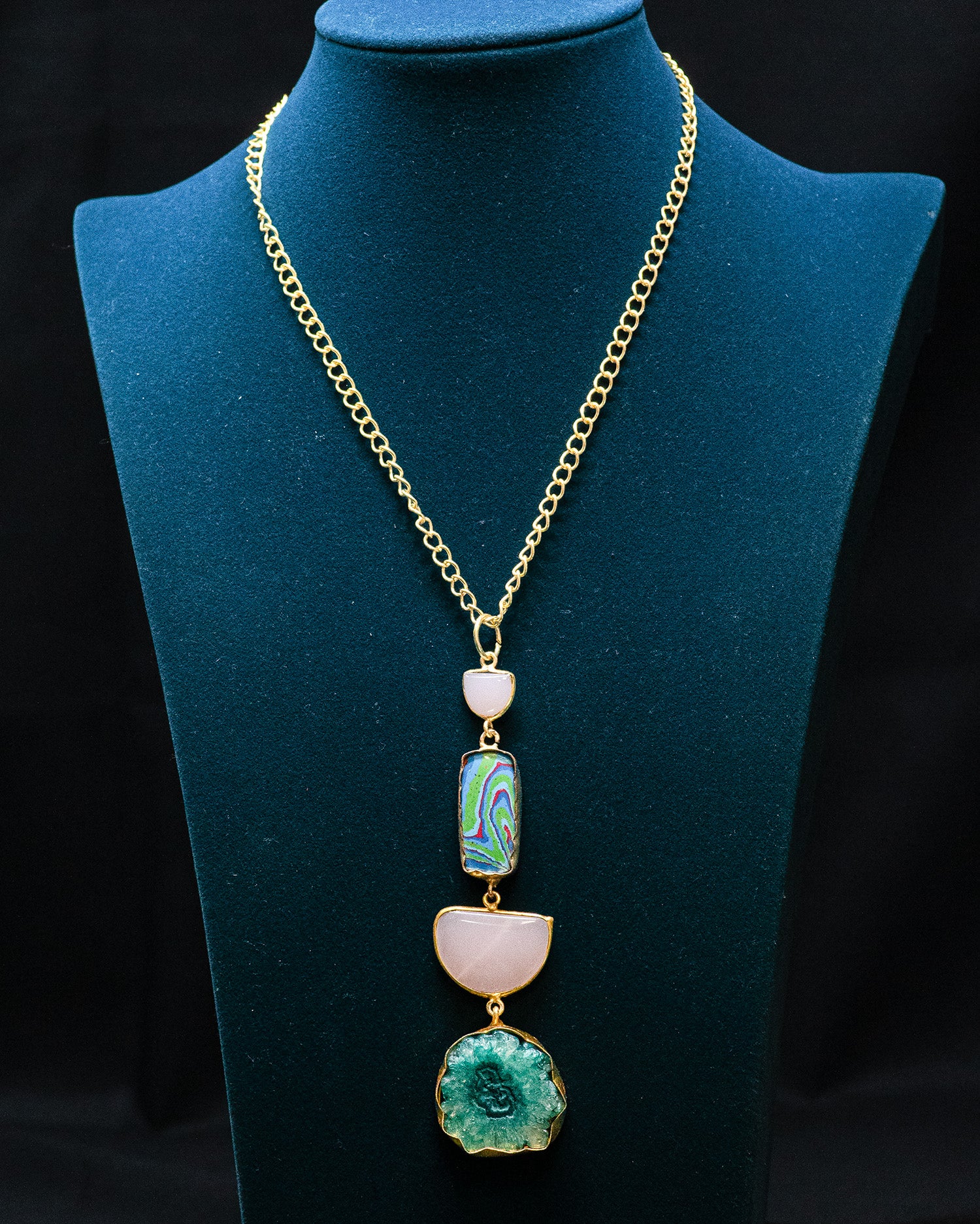 Purple Blue Textured Circle Four Raw Stone Long Pendant