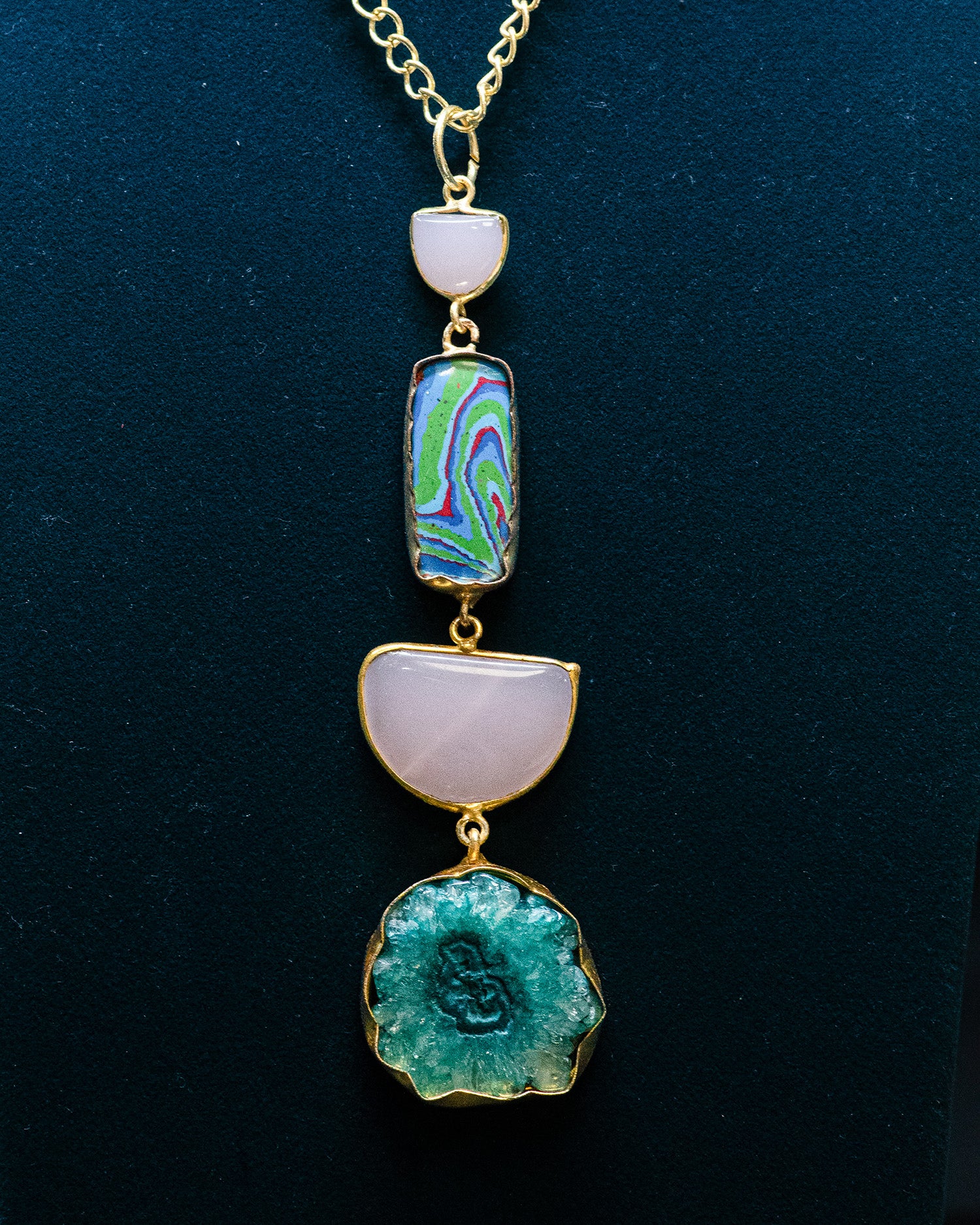 Purple Blue Textured Circle Four Raw Stone Long Pendant