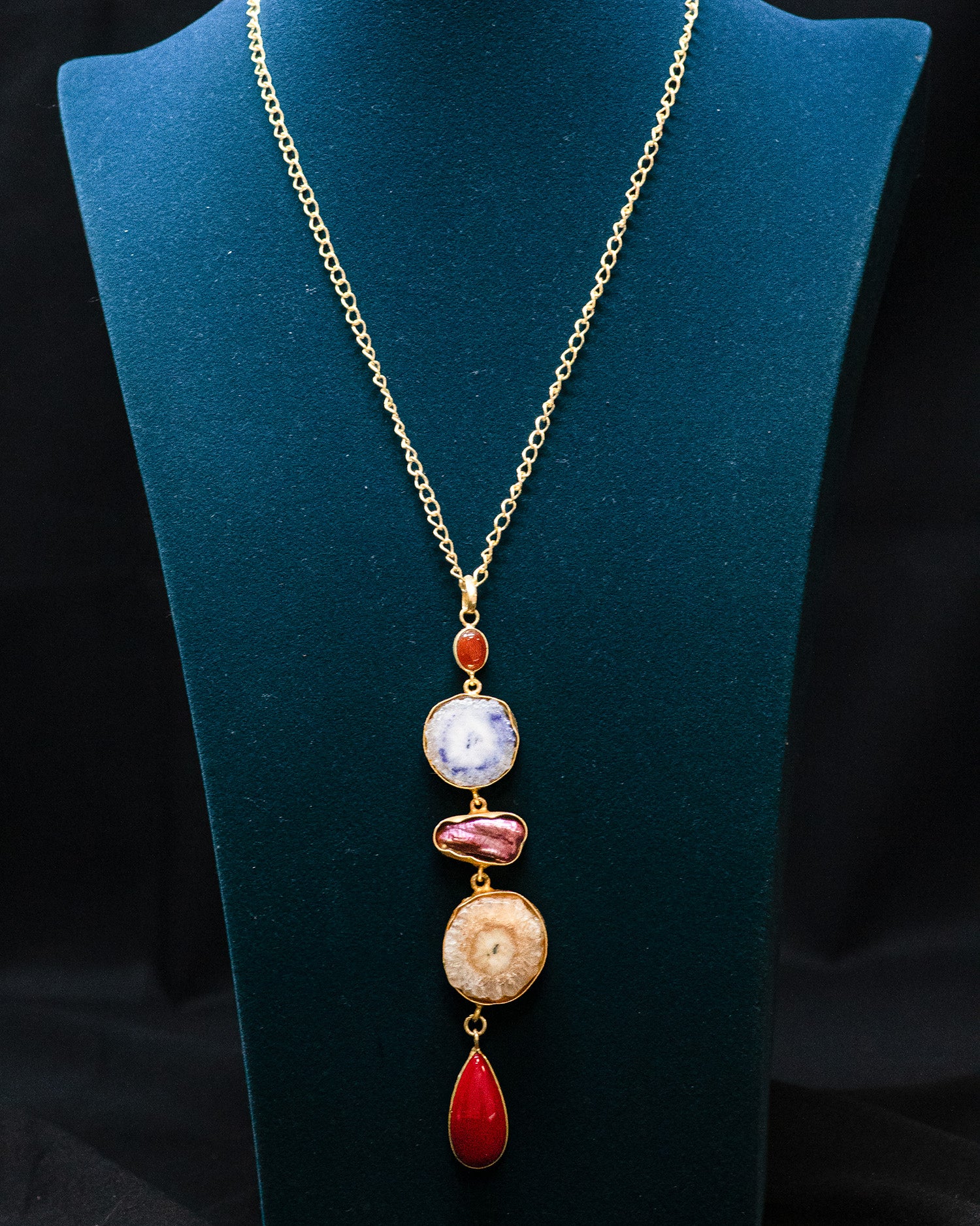Red Drop Textured Circle Five Raw Stone Long Pendant