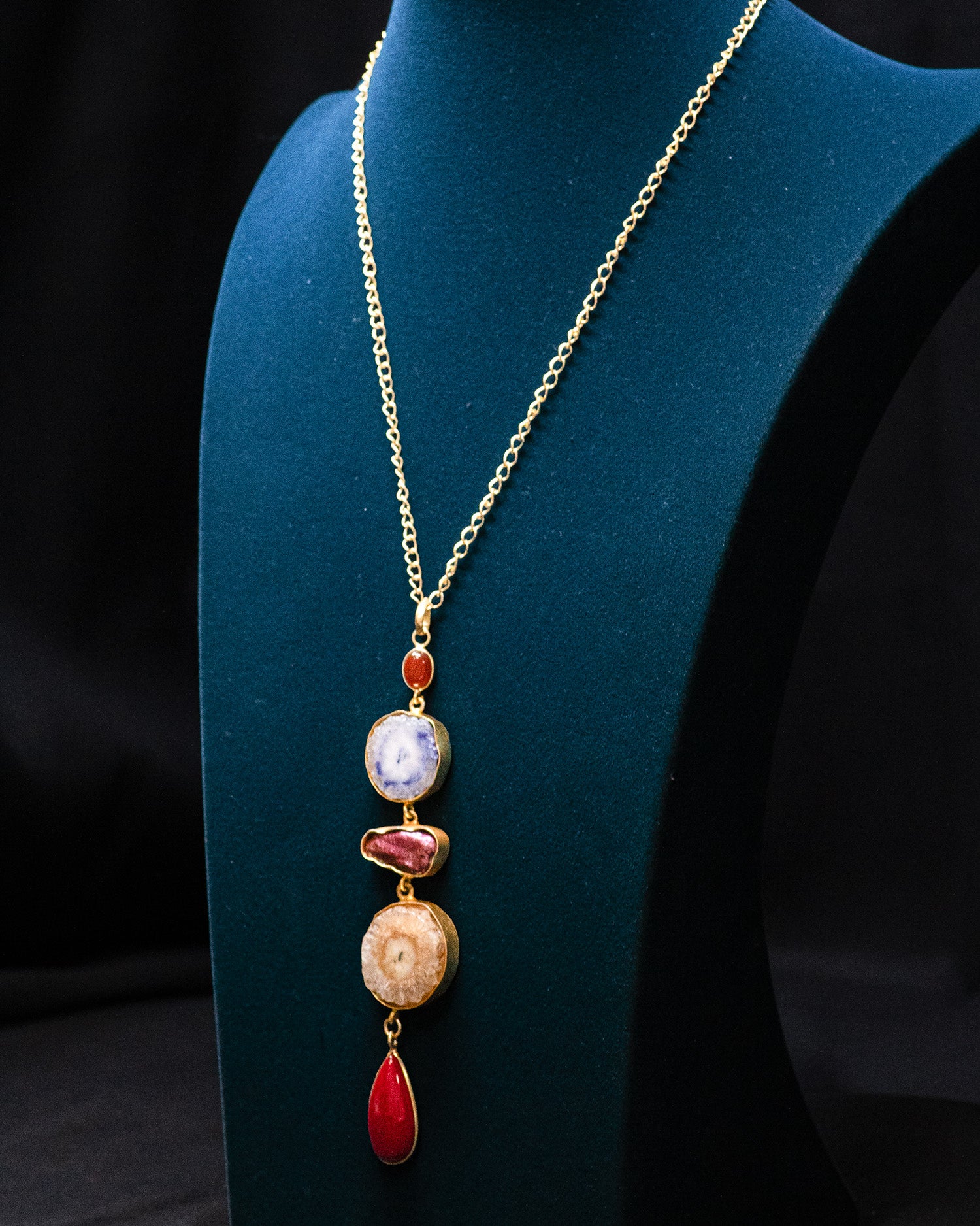 Red Drop Textured Circle Five Raw Stone Long Pendant