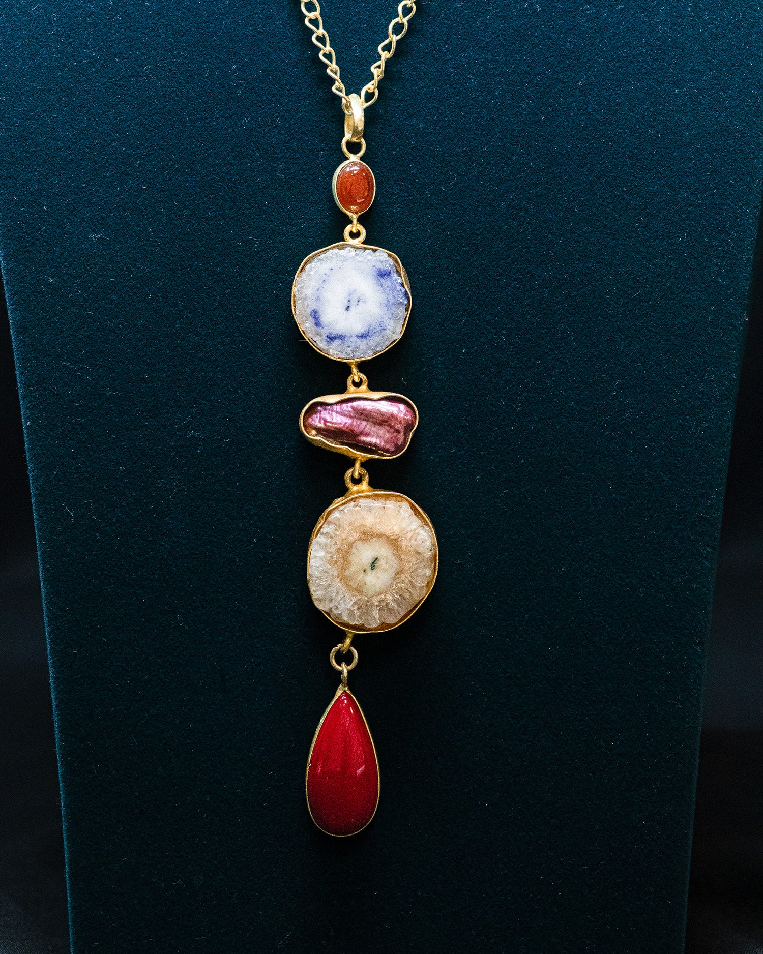 Red Drop Textured Circle Five Raw Stone Long Pendant