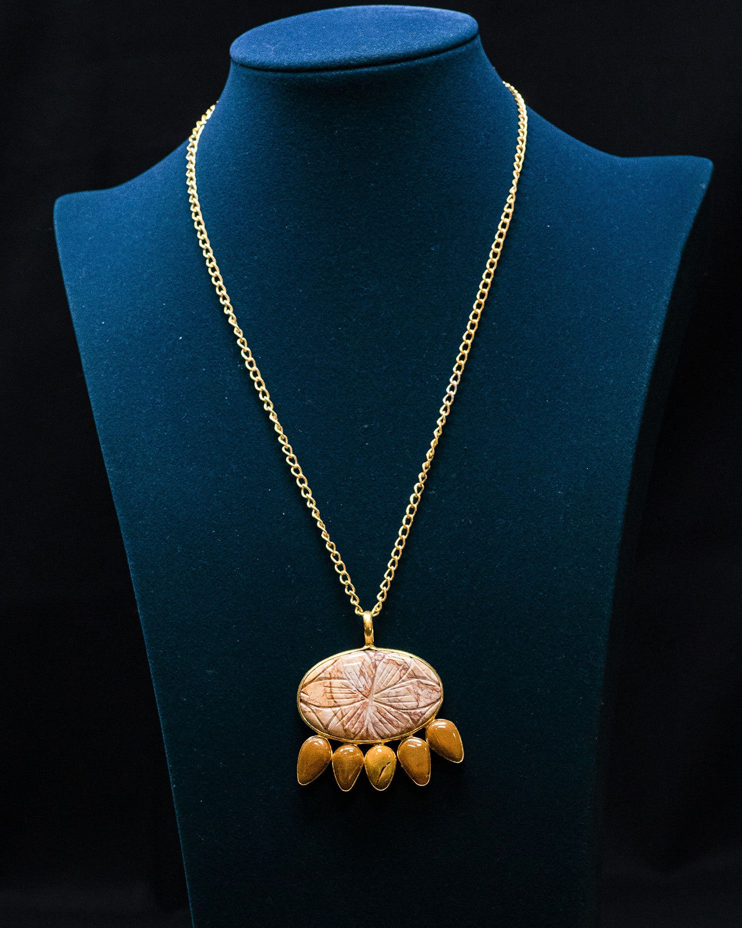 Flower Carved Brown Raw Stone Yellow Drop Pendant