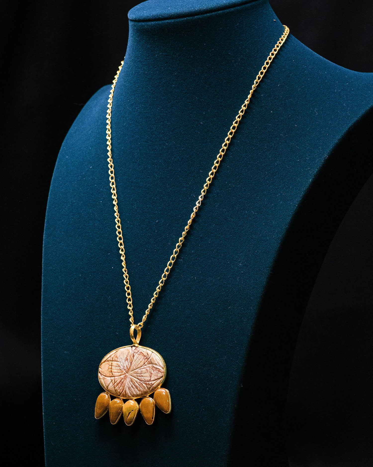 Flower Carved Brown Raw Stone Yellow Drop Pendant