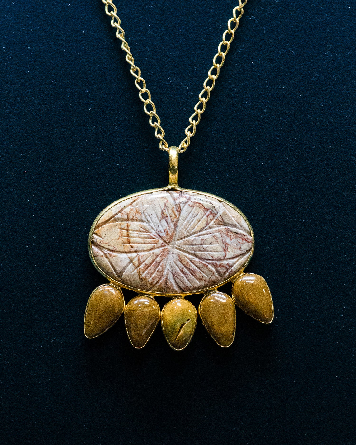 Flower Carved Brown Raw Stone Yellow Drop Pendant