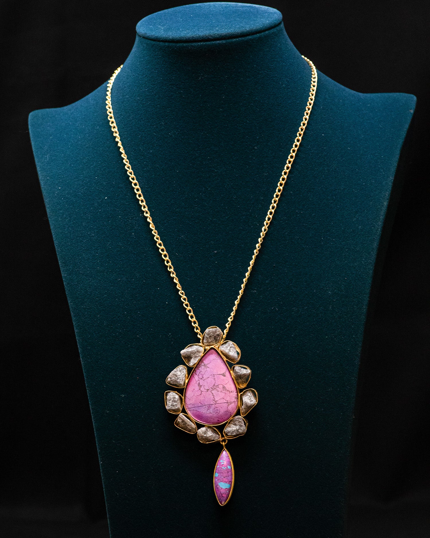 Gold Finish Pear Shaped Purple Raw Stone Pendant