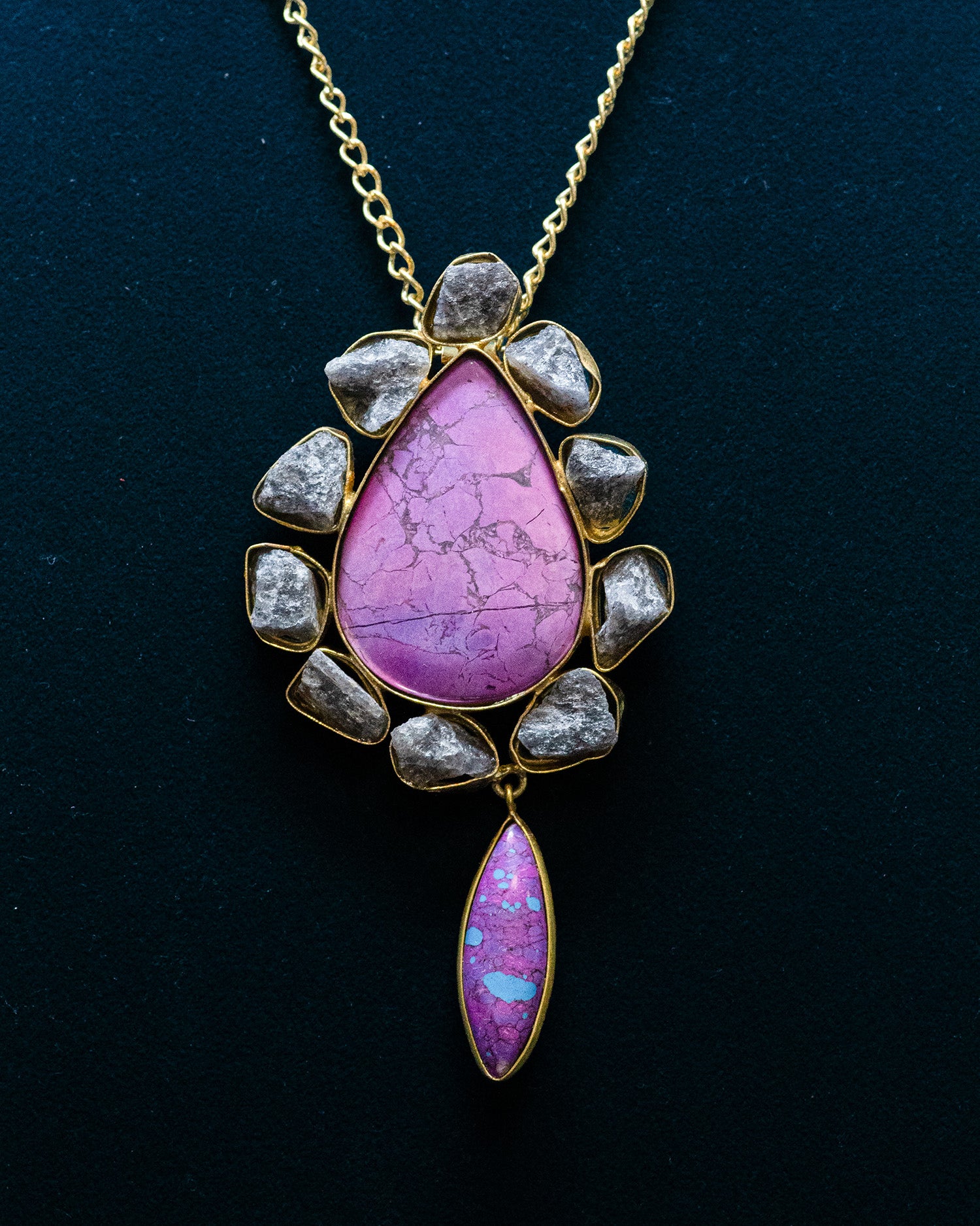 Gold Finish Pear Shaped Purple Raw Stone Pendant
