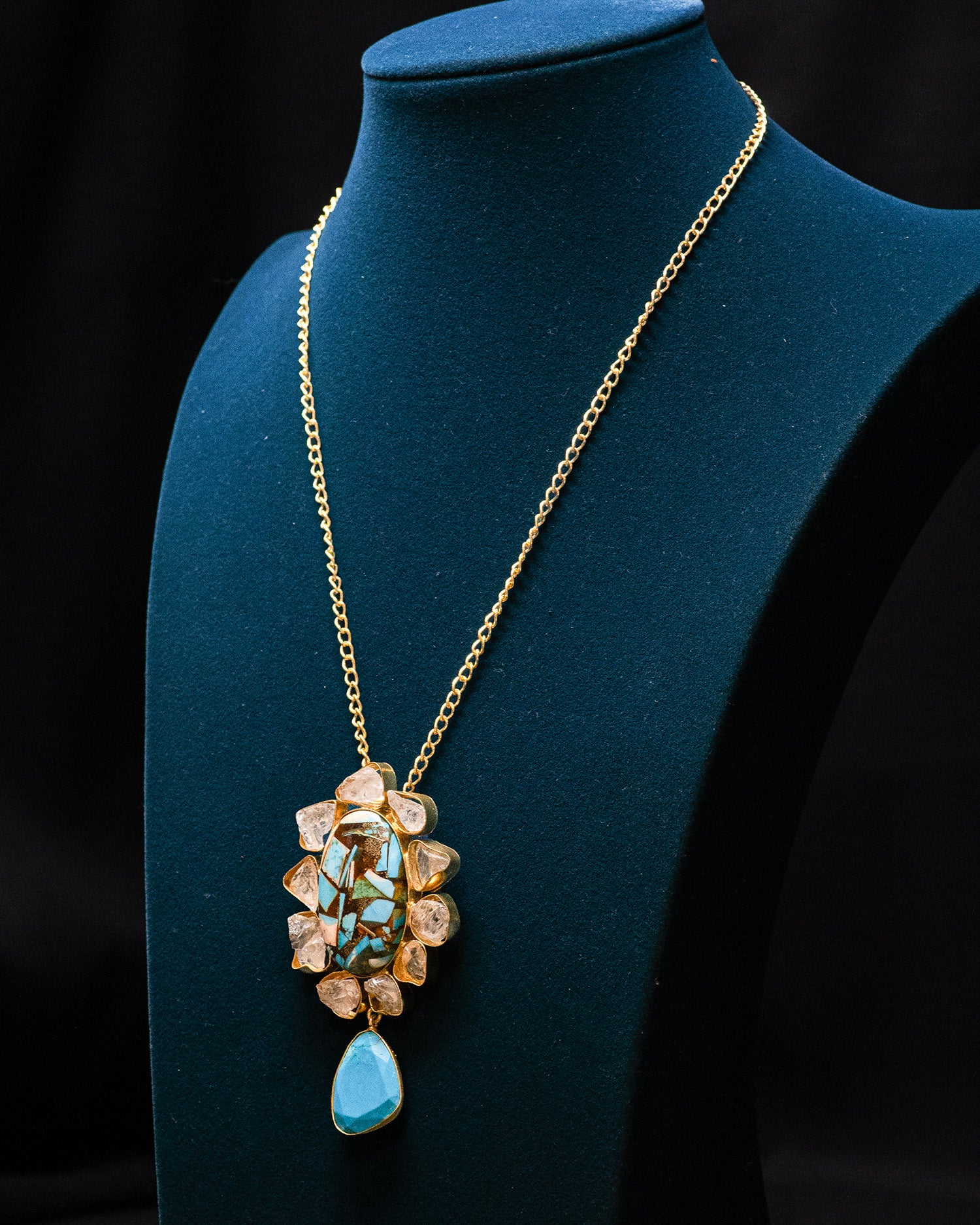 Turquoise Raw Stone White Crystals Pendant Necklace