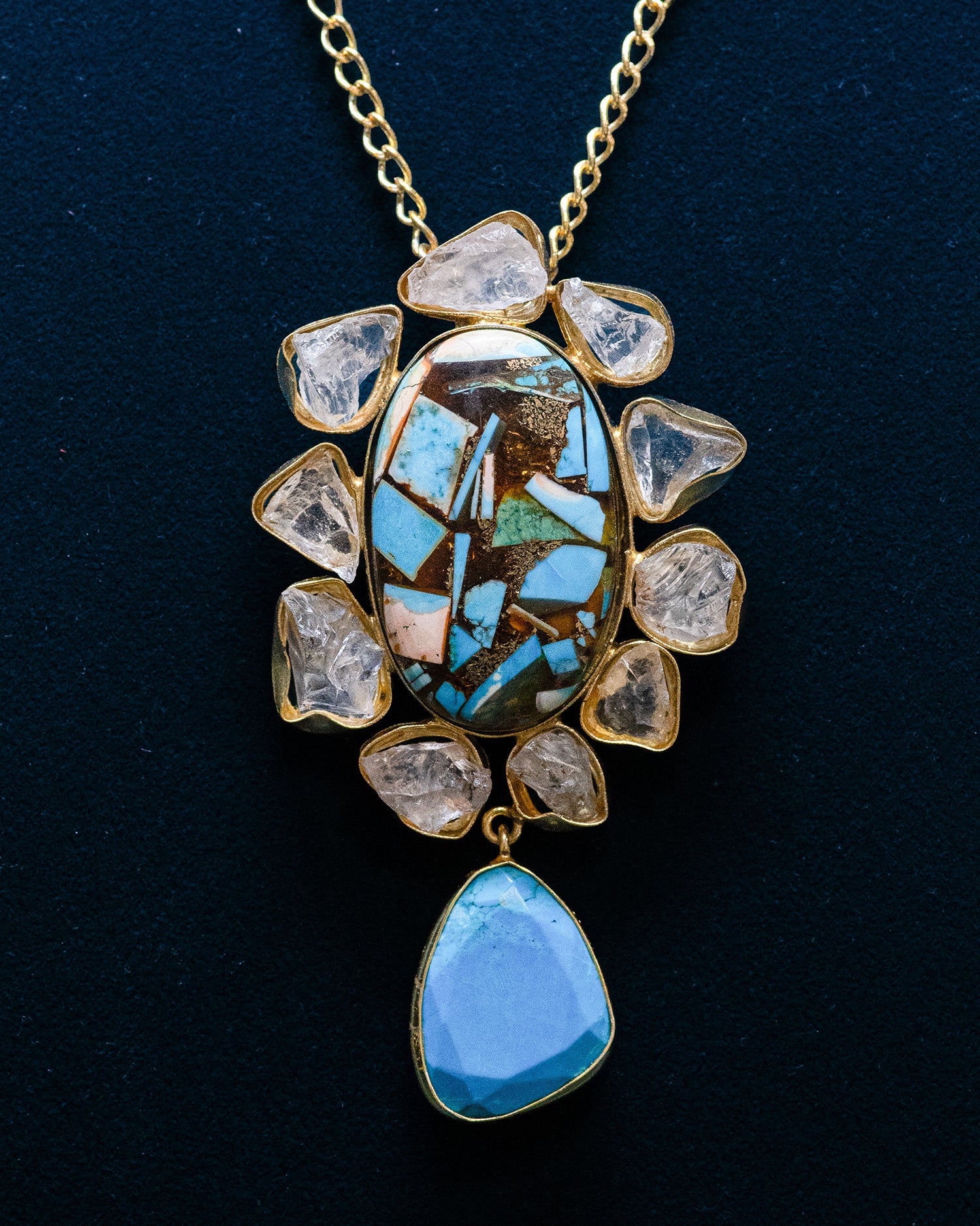 Turquoise Raw Stone White Crystals Pendant Necklace