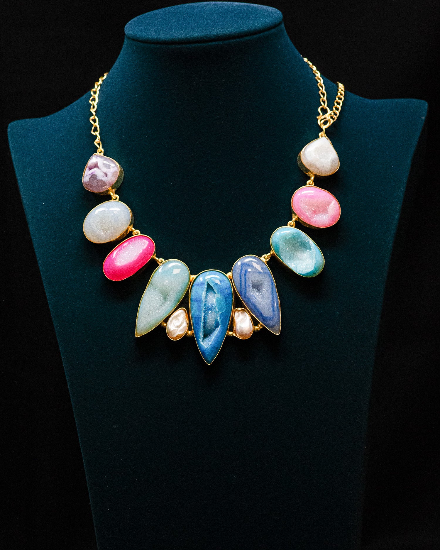 Gold Plated Multi Colored Sculptural Stone Statement Necklace