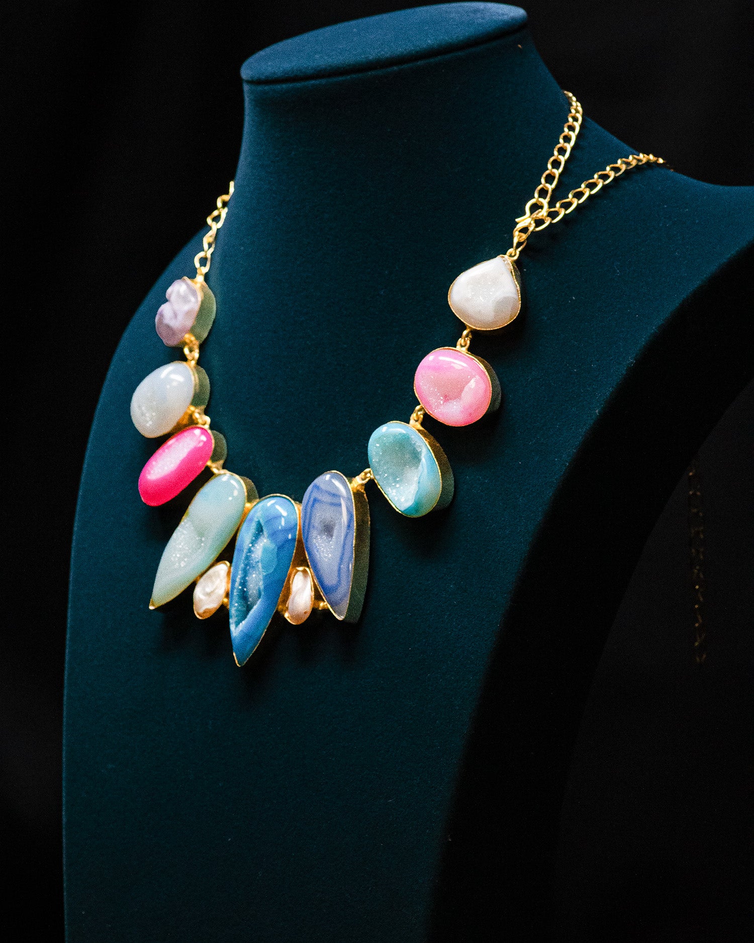 Gold Plated Multi Colored Sculptural Stone Statement Necklace