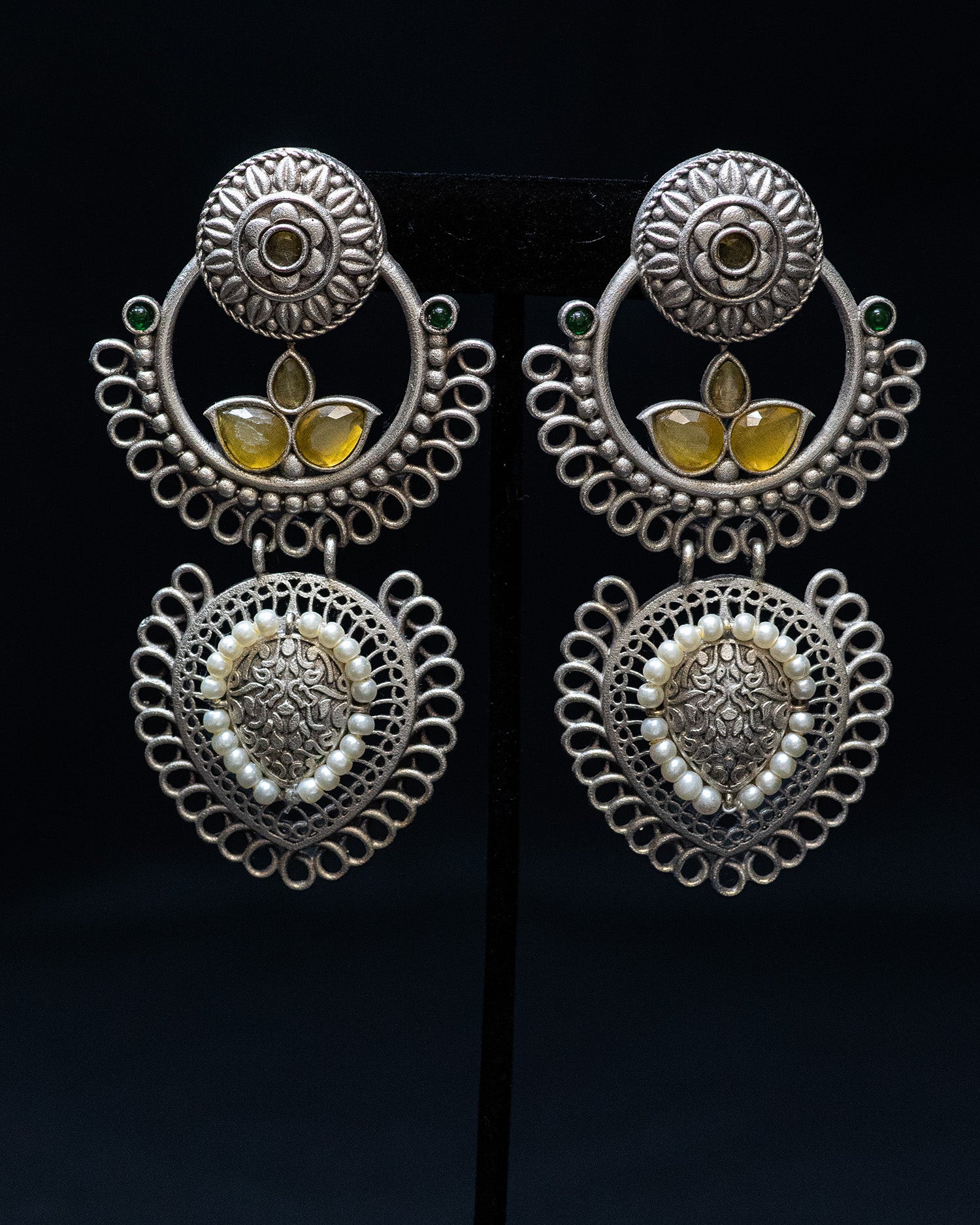 Yellow Stone White Pearl Silver Look Alike Dangler Earrings