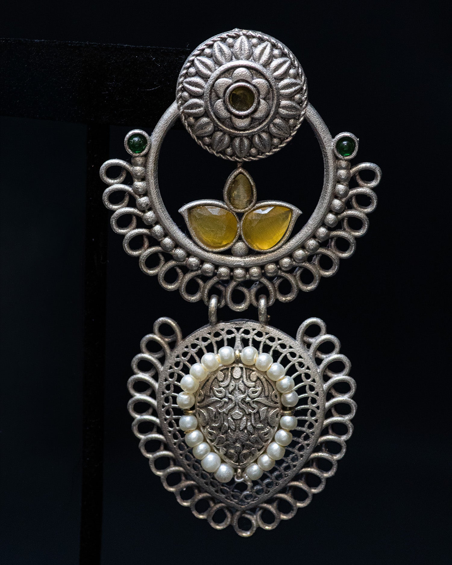 Yellow Stone White Pearl Silver Look Alike Dangler Earrings