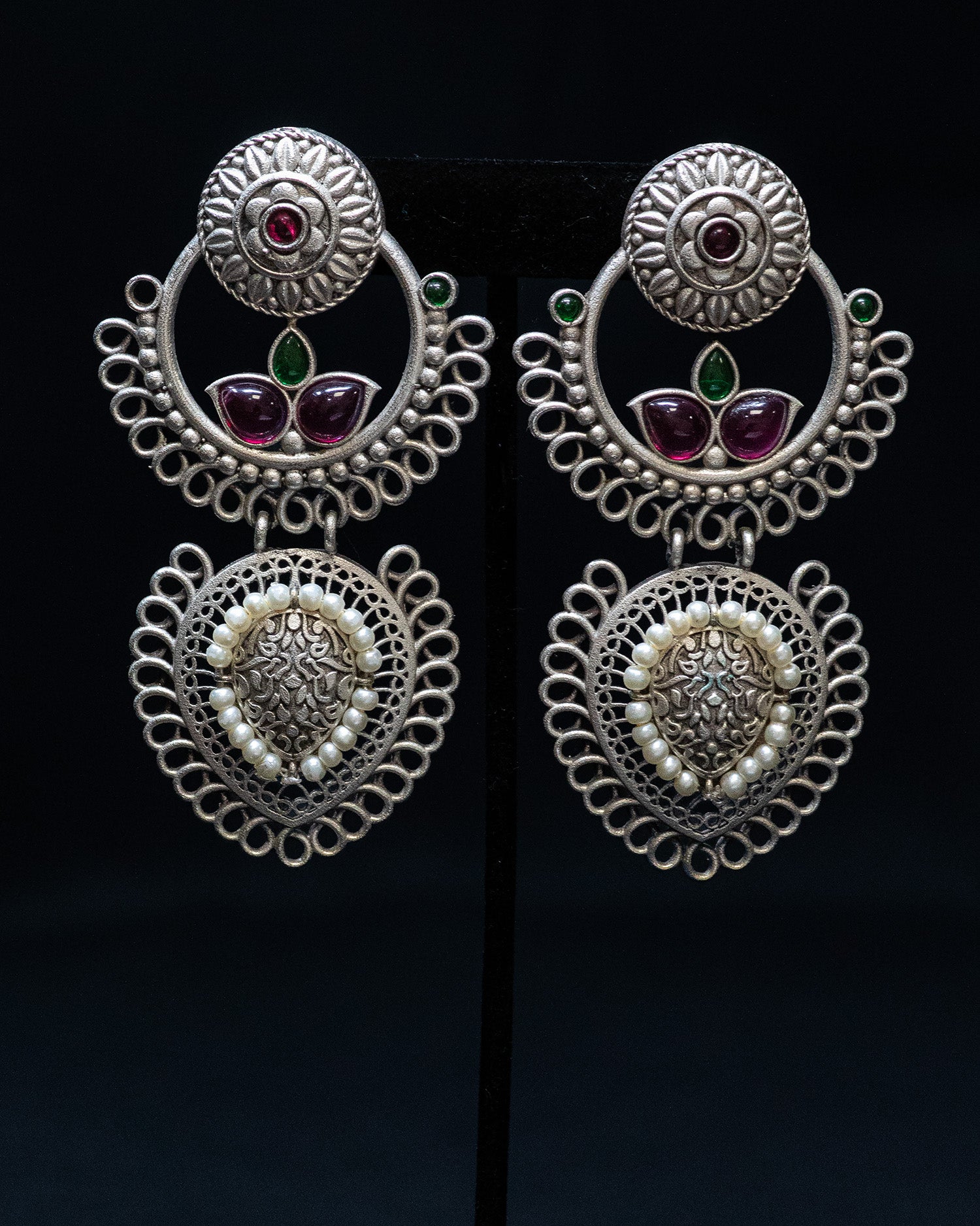 Green Pink Stone White Pearl Silver Look Alike Dangler Earrings