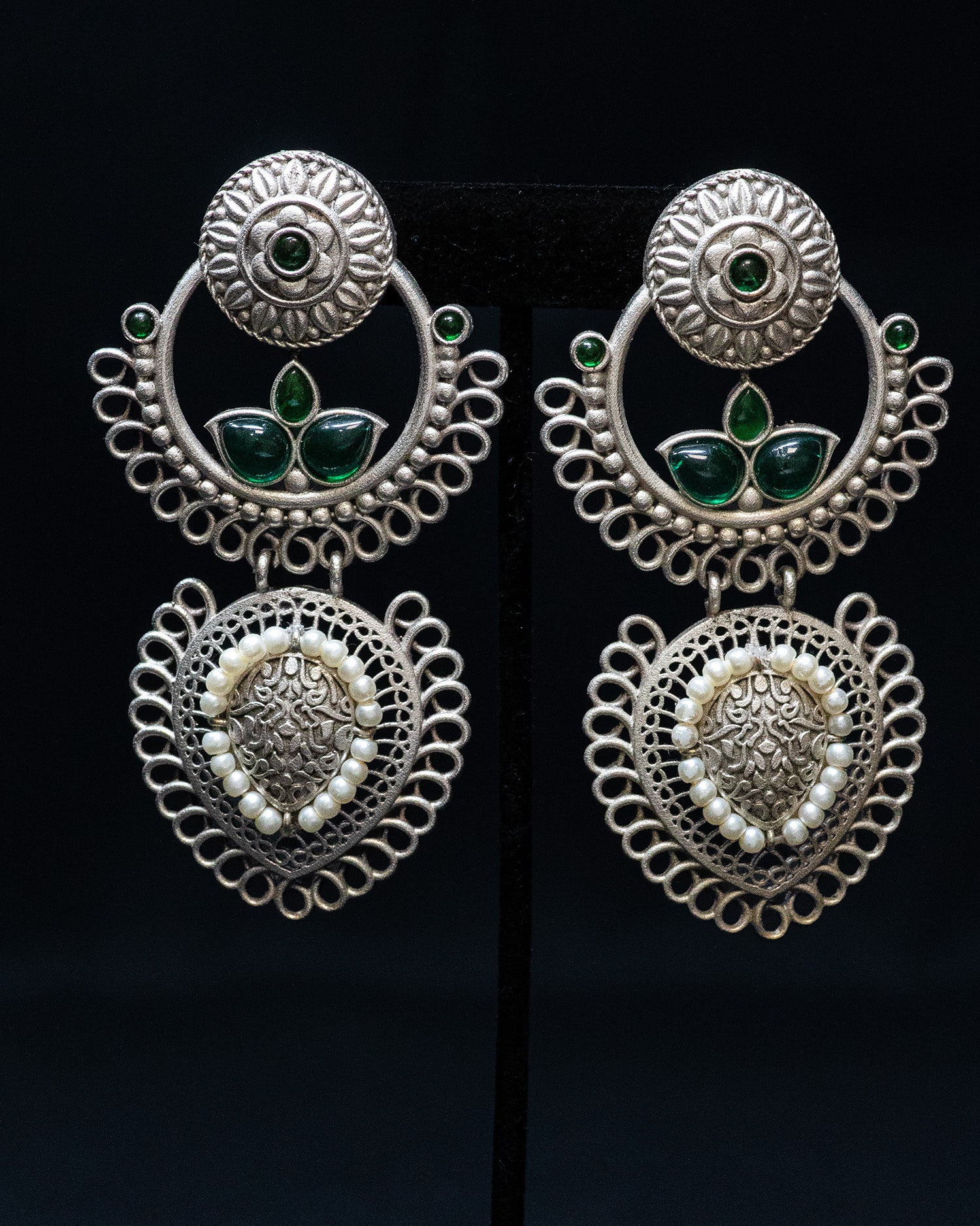 Dark Green Stone White Pearl Silver Look Alike Dangler Earrings