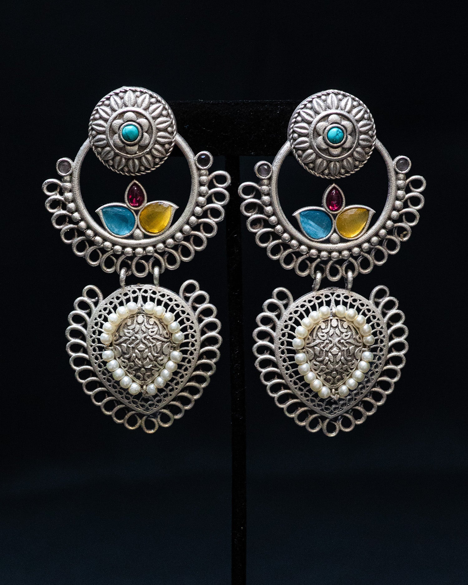 Multicolor Stone White Pearl Silver Look Alike Dangler Earrings