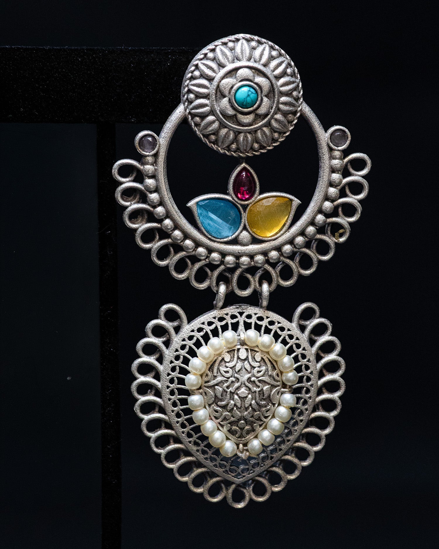 Multicolor Stone White Pearl Silver Look Alike Dangler Earrings