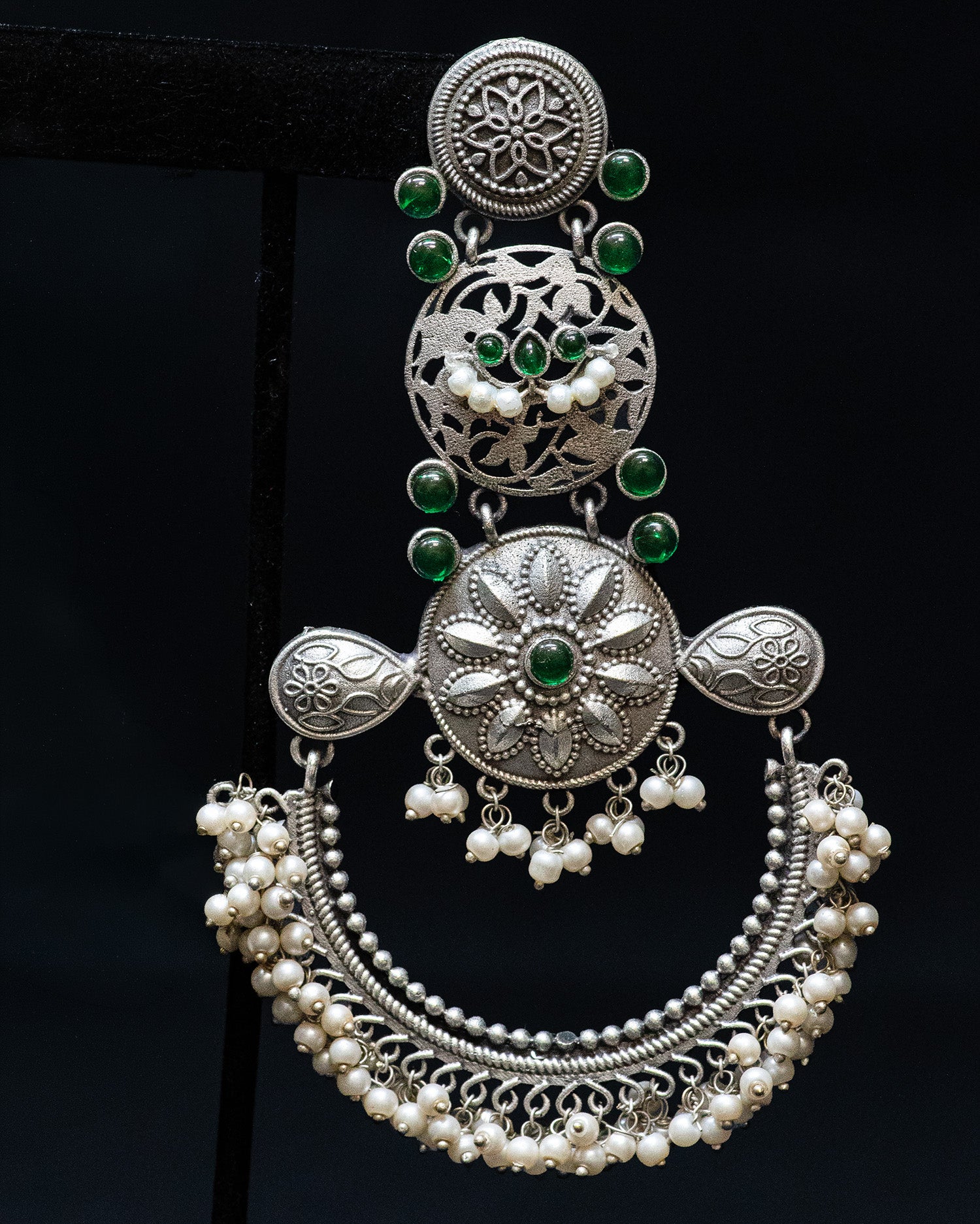 Dark Green Stone Flora Motif Silver Look Alike Dangler Earrings