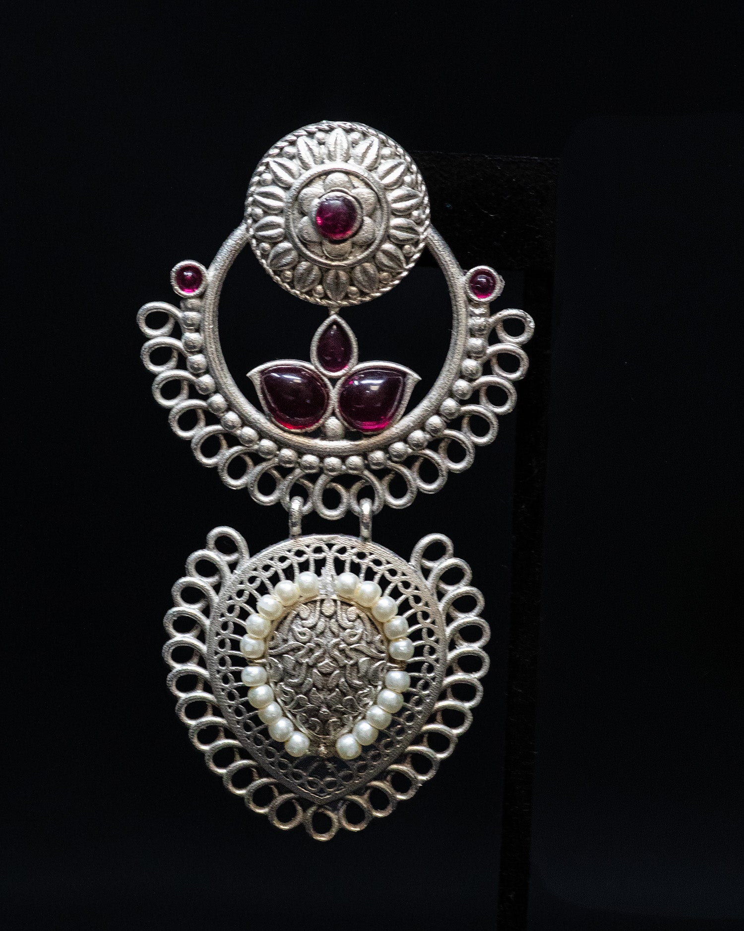 Pink Stone White Pearl Silver Look Alike Dangler Earrings
