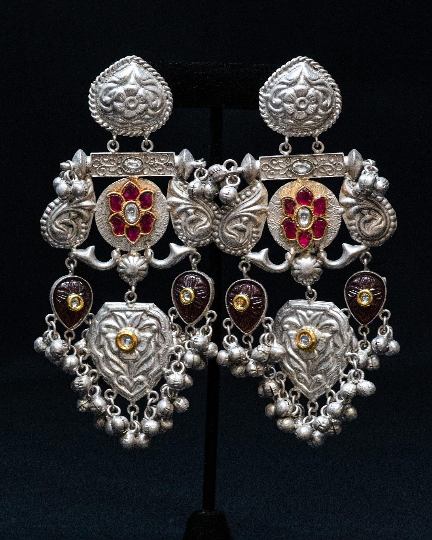 Peacock Motifs Pink Flower Silver Look Alike Dangler Earrings